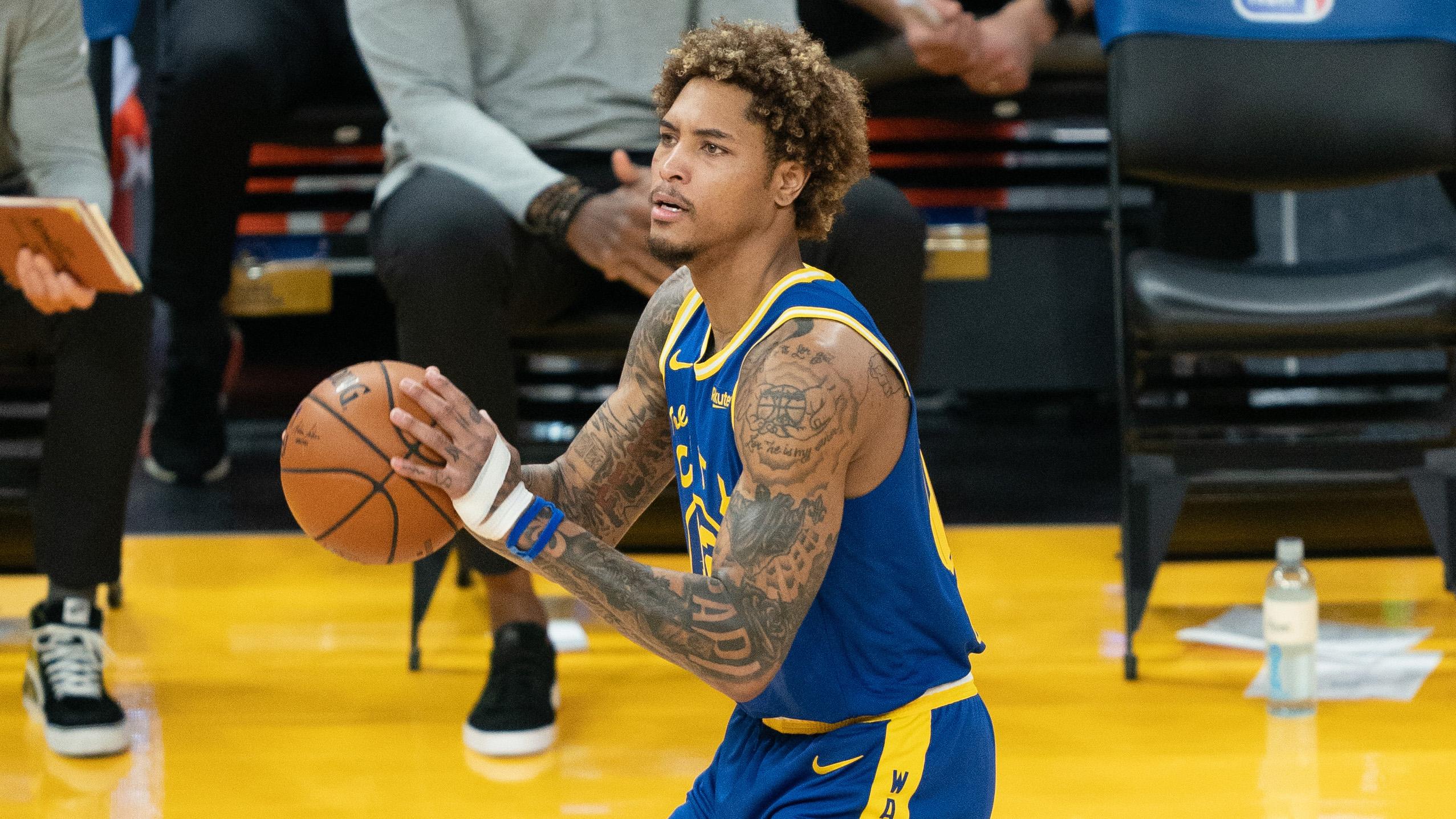 April 27, 2021; San Francisco, California, USA; Golden State Warriors guard Kelly Oubre Jr. (12) during the first quarter against the Dallas Mavericks at Chase Center. / Kyle Terada-USA TODAY Sports
