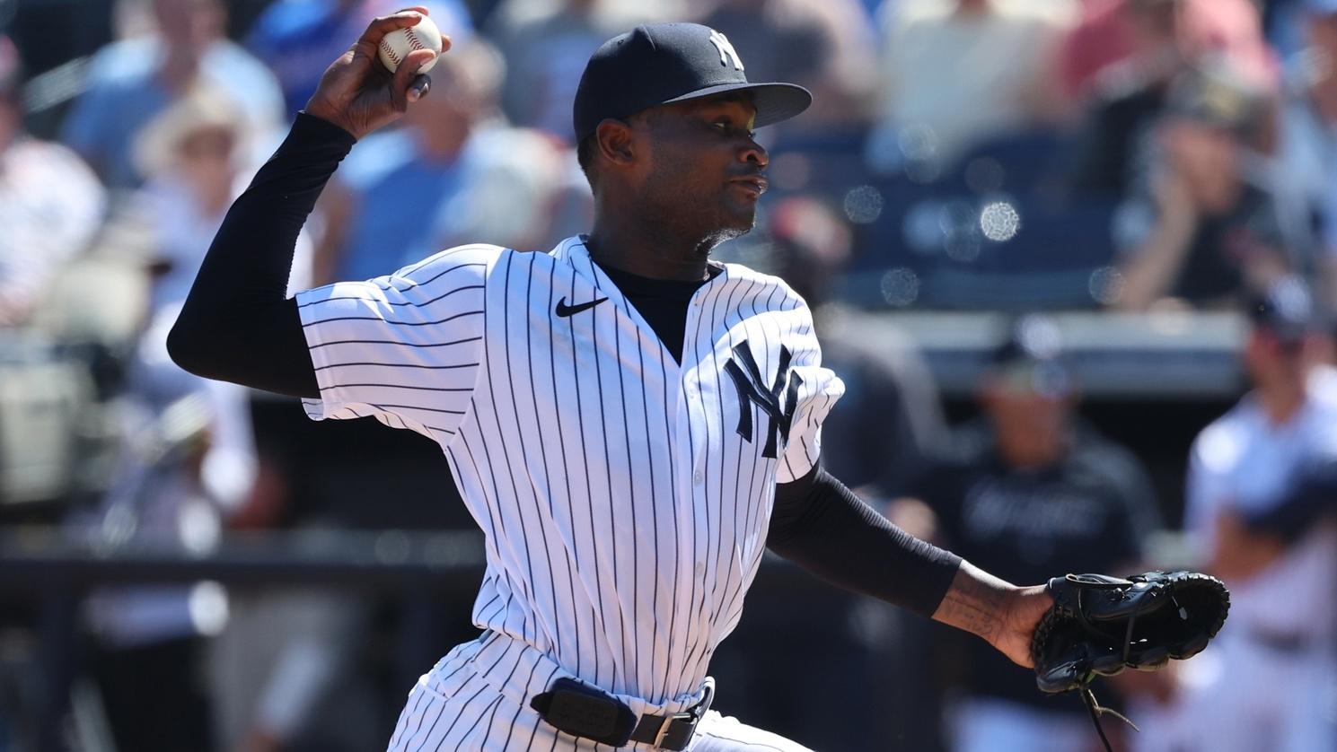Mar 1, 2023; Tampa, Florida, USA; New York Yankees starting pitcher Domingo German (0) throws a pitch during the first inning against the Washington Nationals at George M. Steinbrenner Field. / Kim Klement-USA TODAY Sports