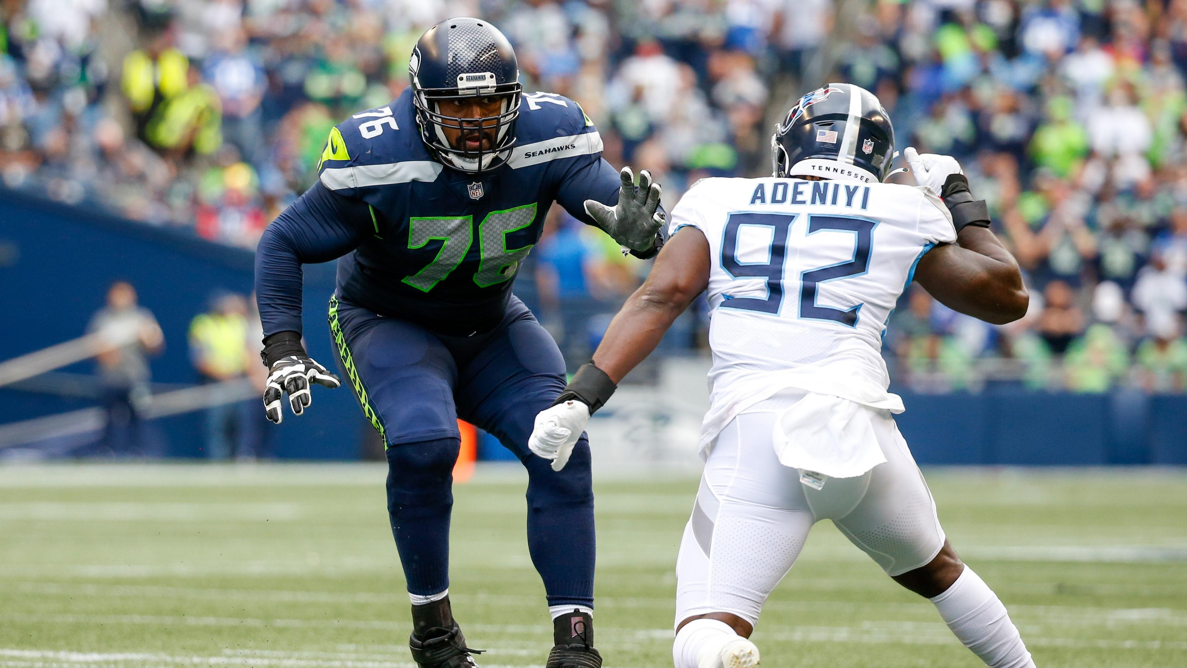 Seattle Seahawks offensive tackle Duane Brown (76) blocks against the Tennessee Titans during the second quarter at Lumen Field. / Joe Nicholson - USA TODAY Sports
