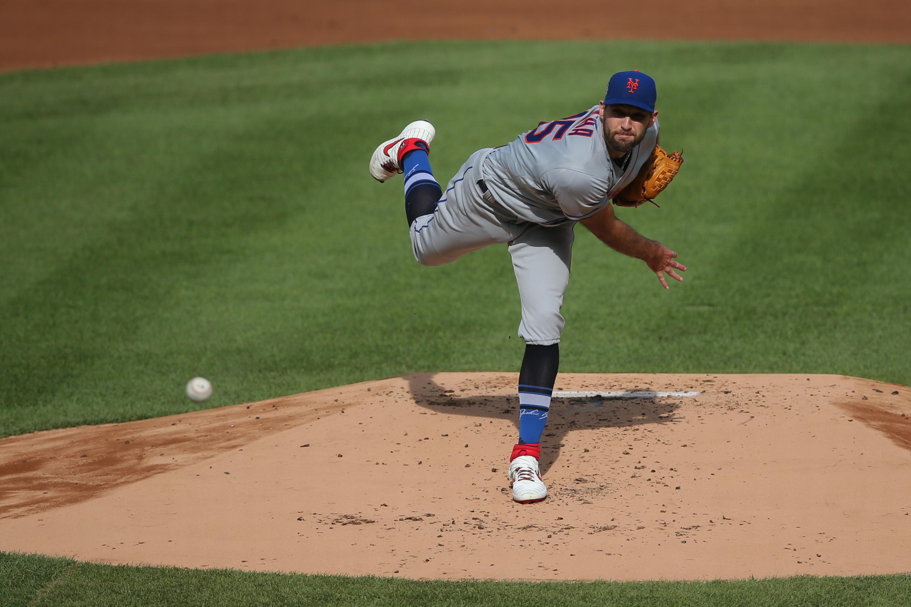 Aug 28, 2020; Bronx, New York, USA; New York Mets starting pitcher Michael Wacha (45) pitches against the New York Yankees during the first inning of the first game of a double header at Yankee Stadium. Mandatory Credit: Brad Penner-USA TODAY Sports / © Brad Penner-USA TODAY Sports