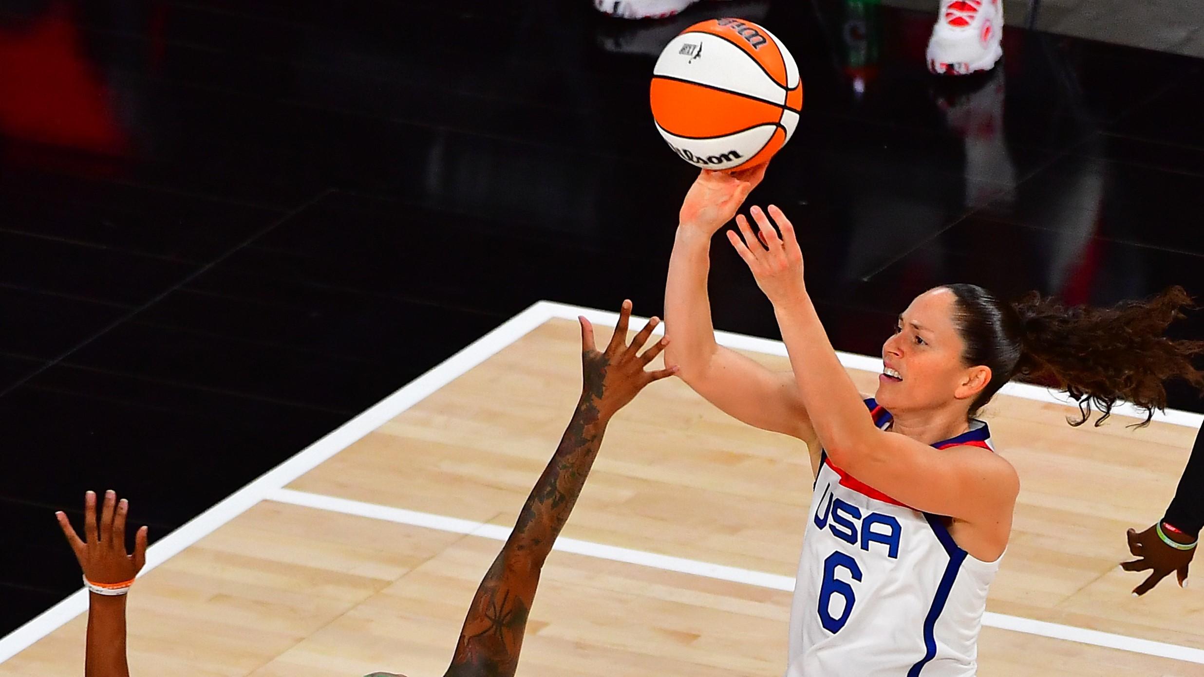 Team USA guard Sue Bird (6) shoots against WNBA All Star guard Courtney Williams (10) during the second quarter of the WNBA All Star Game at Michelob Ultra Arena at Mandalay Bay Resort. / Stephen R. Sylvanie-USA TODAY Sports