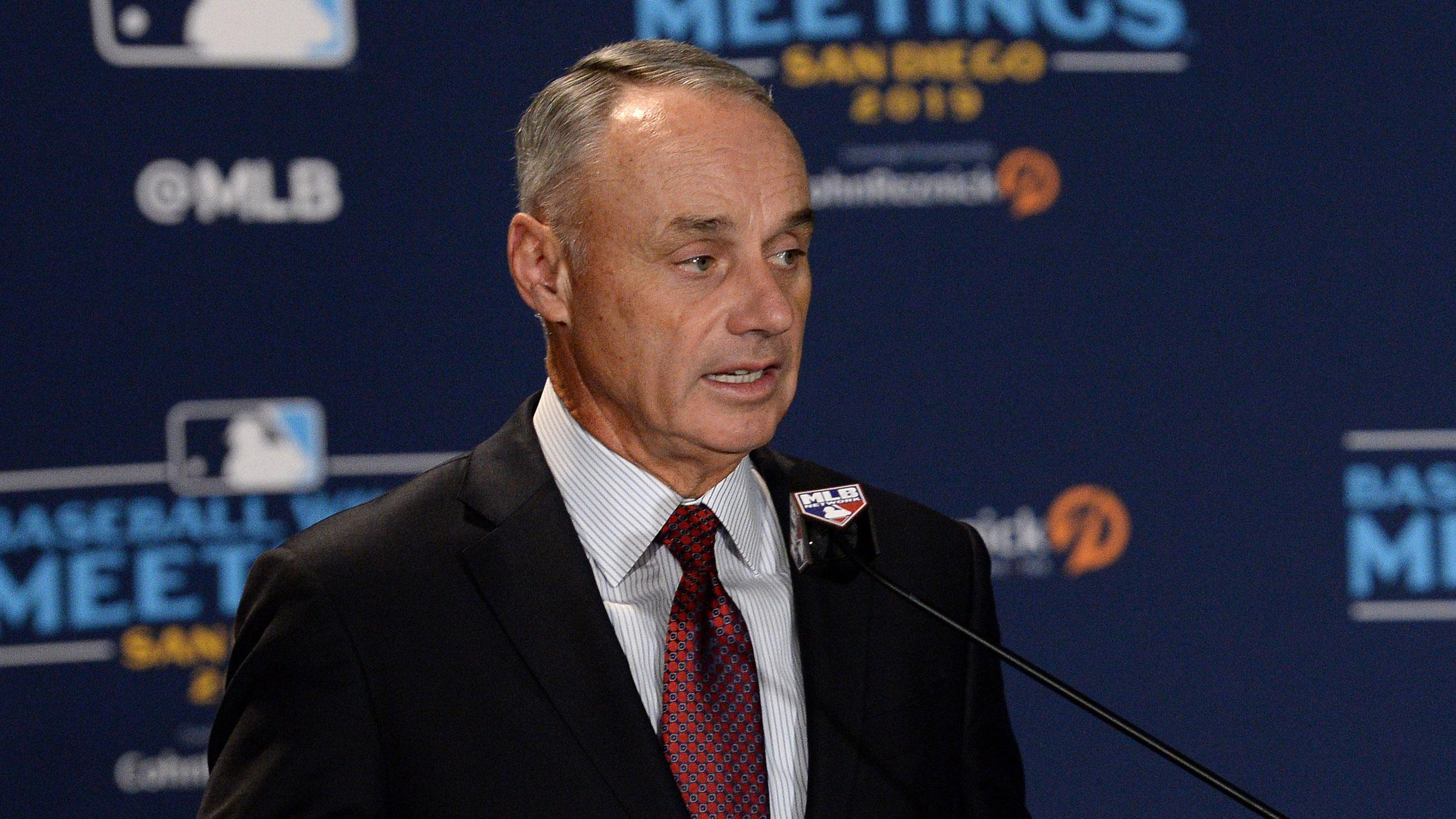 MLB commissioner Rob Manfred speaks to the media before announcing the All-MLB team during the MLB Winter Meetings at Manchester Grand Hyatt. / Orlando Ramirez-USA TODAY Sport