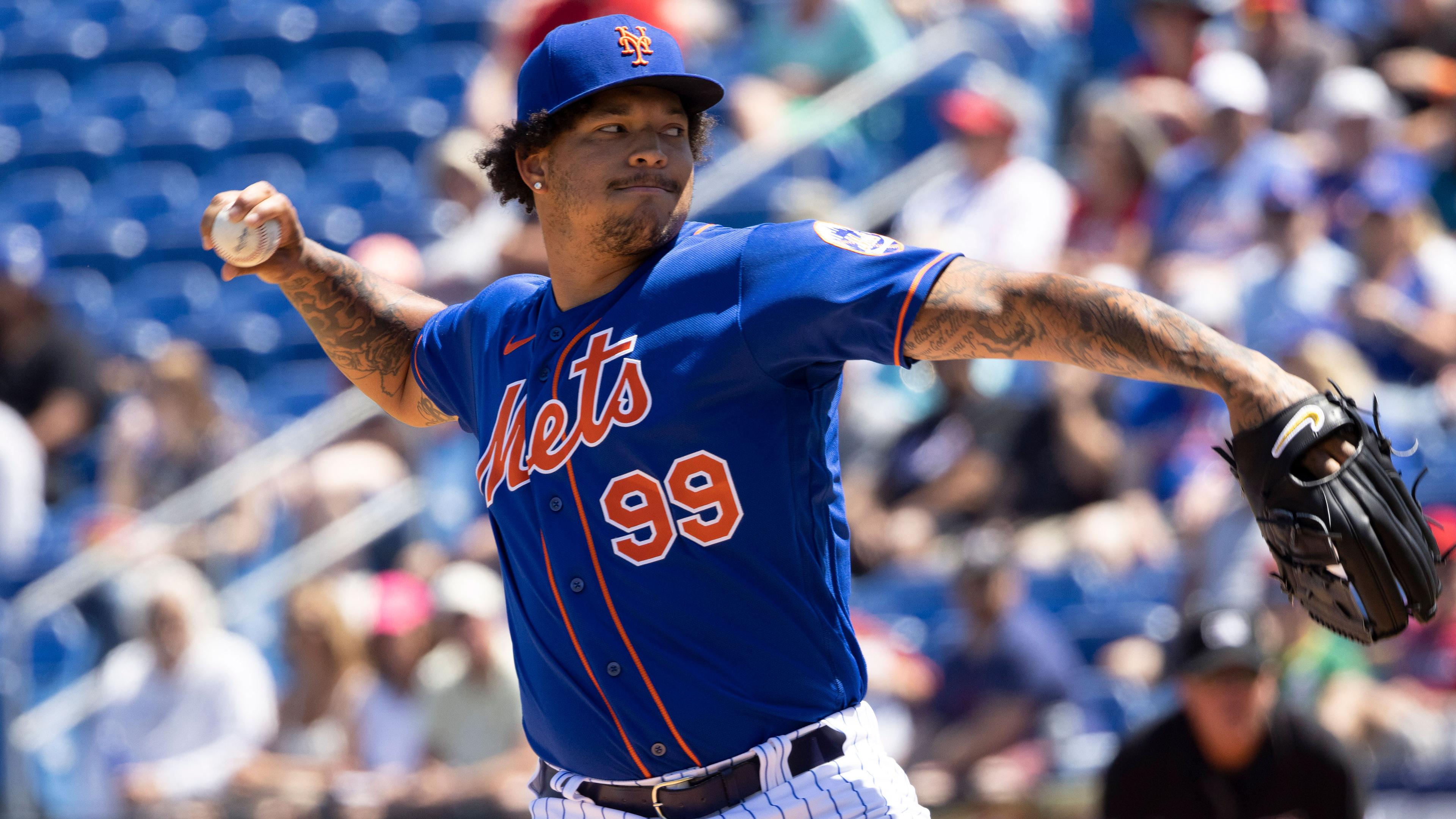 Mar 26, 2022; Port St. Lucie, Florida, USA; New York Mets starting pitcher Taijuan Walker (99) throws a pitch during the first inning against the Washington Nationals at Clover Park. / Reinhold Matay-USA TODAY Sports