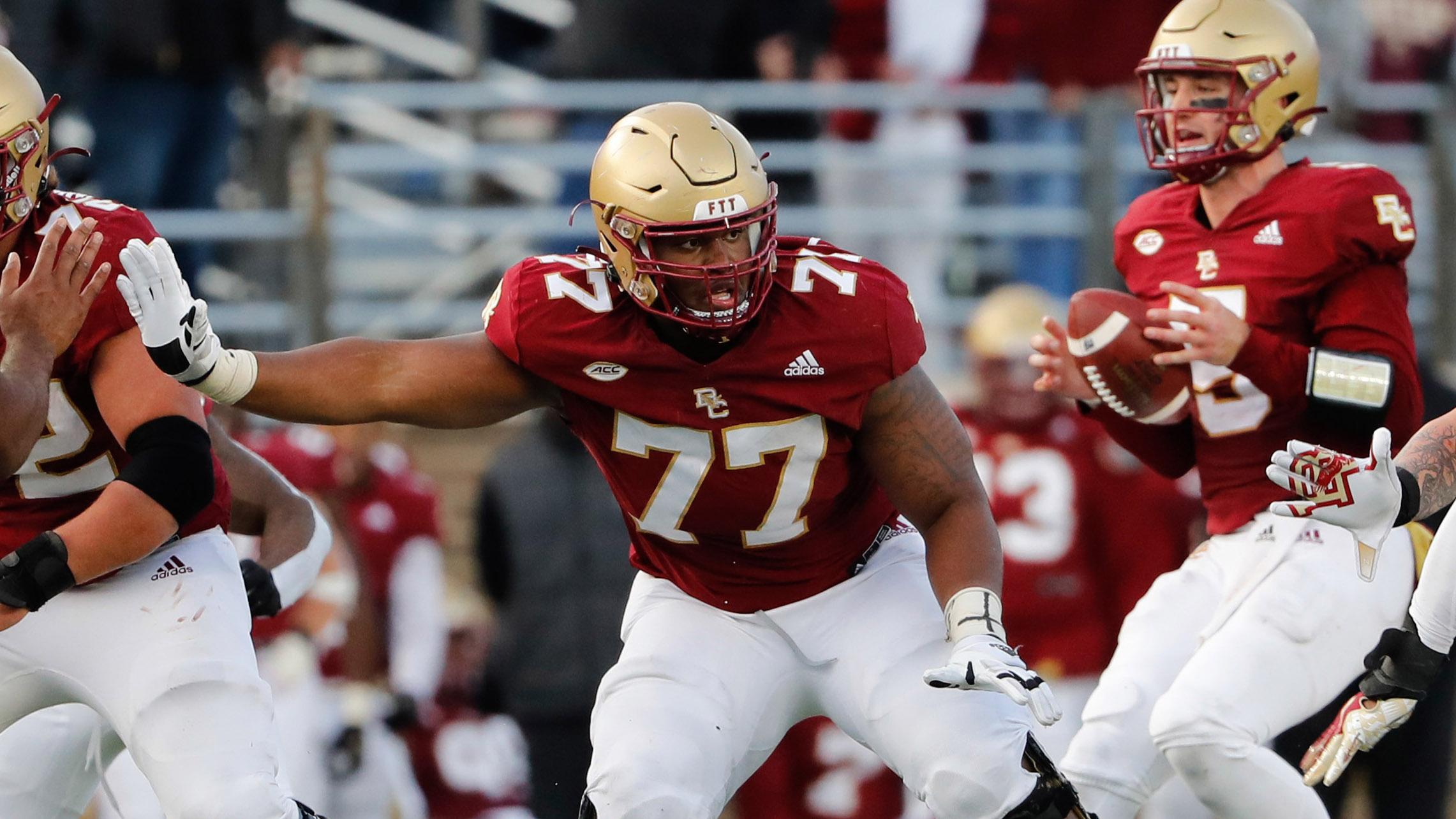 Boston College Eagles offensive lineman Zion Johnson (77) during the second half against the Florida State Seminoles at Alumni Stadium. / Winslow Townson-USA TODAY Sports