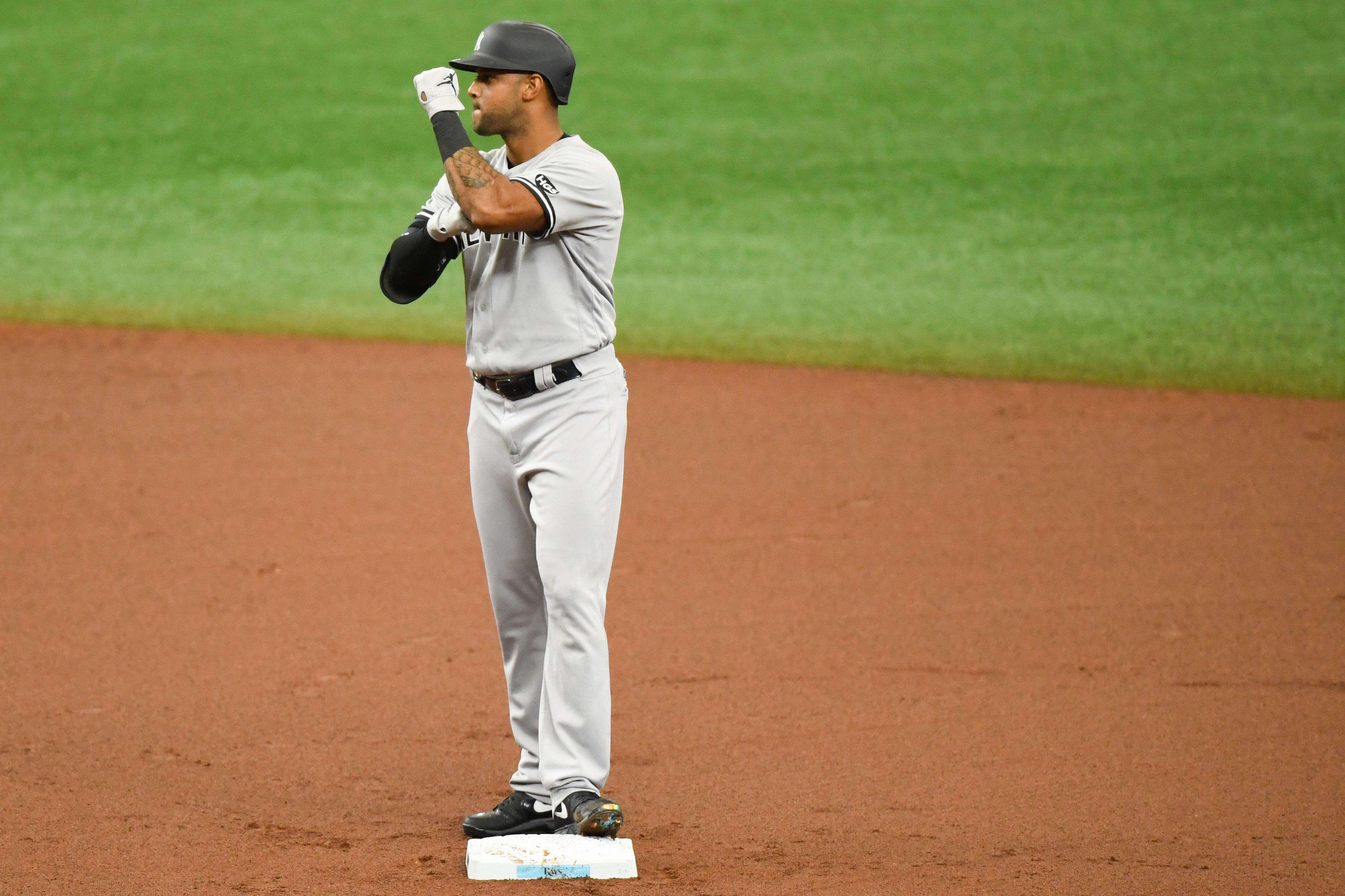Aug 9, 2020; St. Petersburg, Florida, USA; New York Yankees center fielder Aaron Hicks (31) reacts after hitting a double during the first inning against the Tampa Bay Rays at Tropicana Field. / Douglas DeFelice-USA TODAY Sports