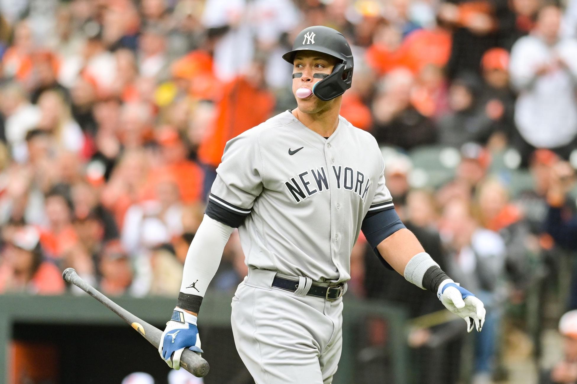 New York Yankees right fielder Aaron Judge (99) walks back to the dugout after trickling out in the first inning against the Baltimore Orioles at Oriole Park at Camden Yards. / Tommy Gilligan-USA TODAY Sports