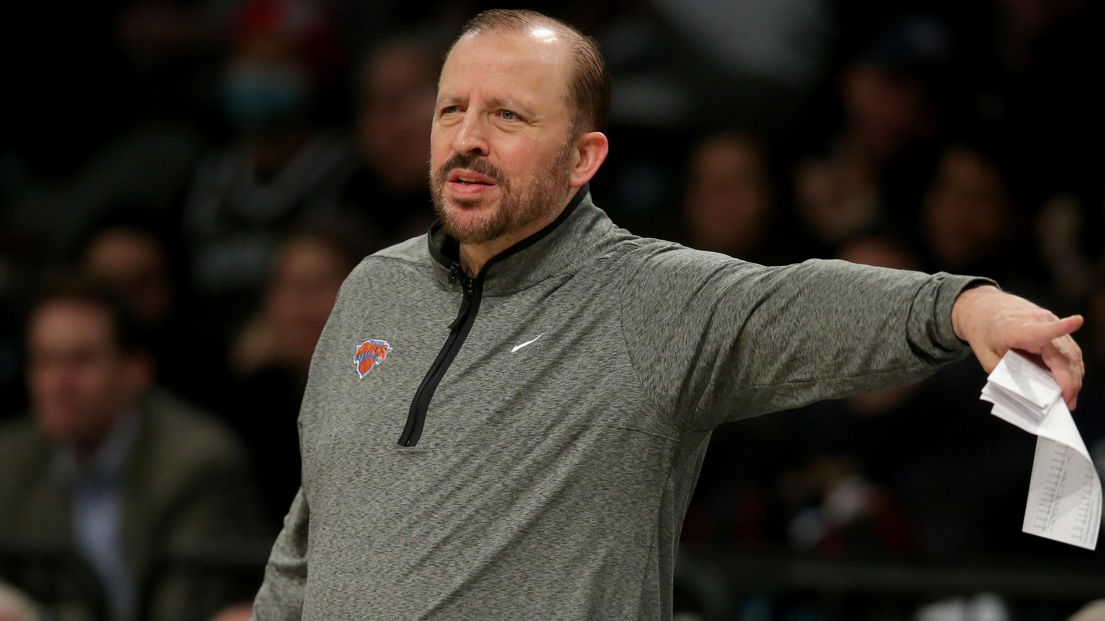 Nov 9, 2022; Brooklyn, New York, USA; New York Knicks head caoch Tom Thibodeau coaches against the Brooklyn Nets during the first quarter at Barclays Center. Mandatory Credit: Brad Penner-USA TODAY Sports / © Brad Penner-USA TODAY Sports