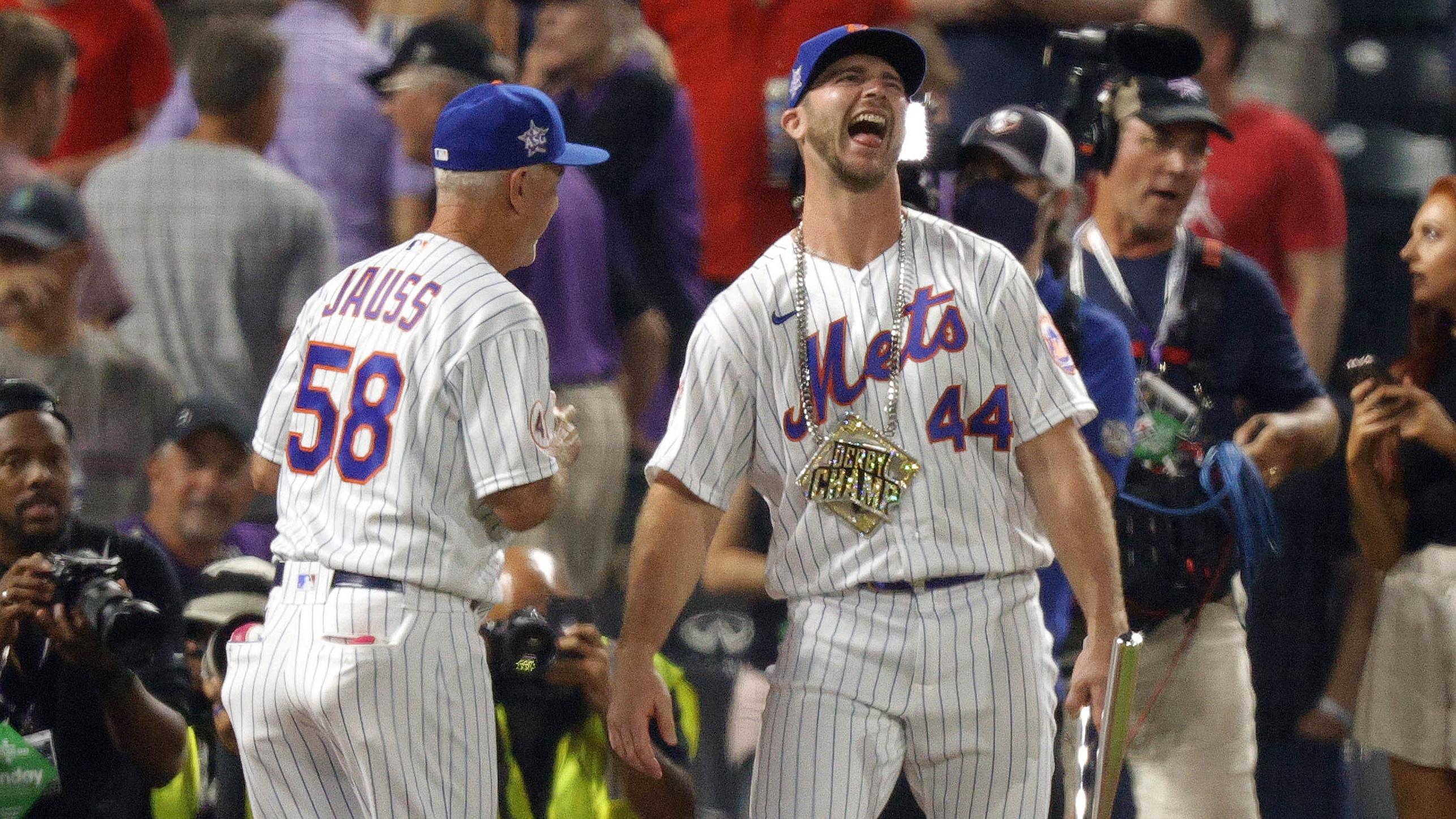 Jul 12, 2021; Denver, CO, USA; New York Mets first baseman Pete Alonso celebrtes with bench coach Dave Jauss following his victory against Baltimore Orioles first baseman Trey Mancini in the 2021 MLB Home Run Derby. / © Isaiah J. Downing-USA TODAY Sports