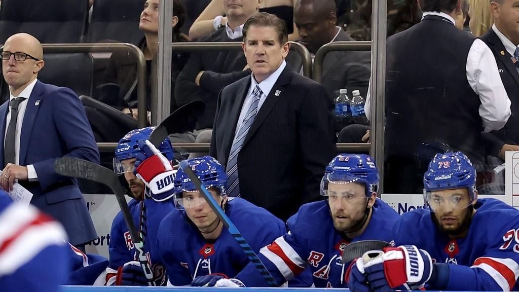 Oct 16, 2023; New York, New York, USA; New York Rangers head coach Peter Laviolette coaches against the Arizona Coyotes during the third period at Madison Square Garden. / Brad Penner-USA TODAY Sports