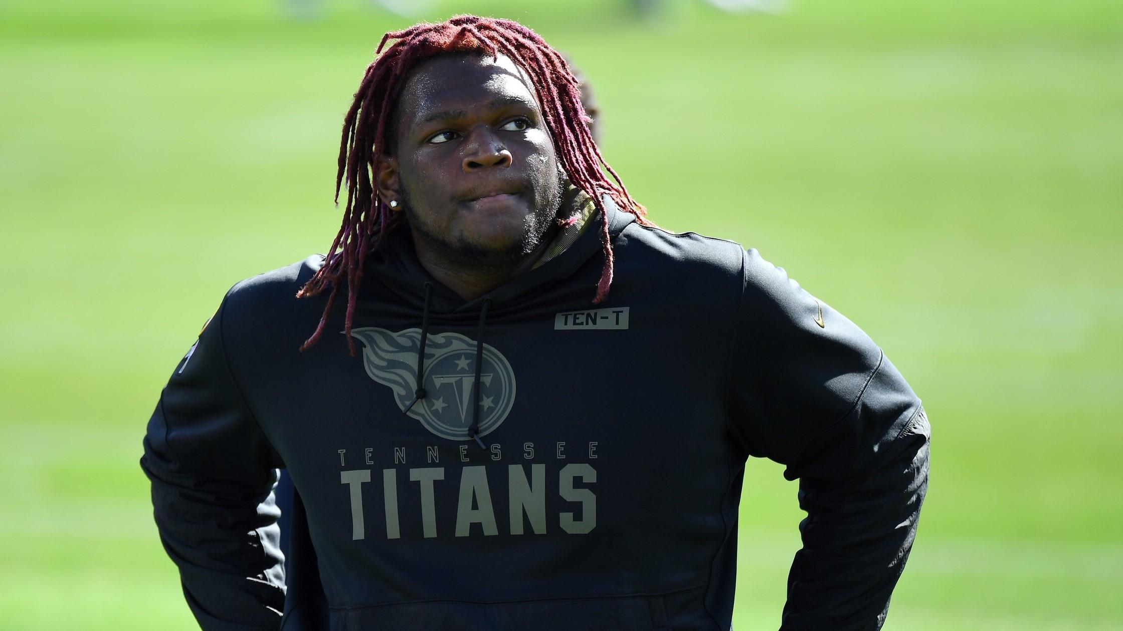 Nov 8, 2020; Nashville, Tennessee, USA; Tennessee Titans offensive tackle Isaiah Wilson (79) warms up before the game against the Chicago Bears at Nissan Stadium / Christopher Hanewinckel-USA TODAY Sports