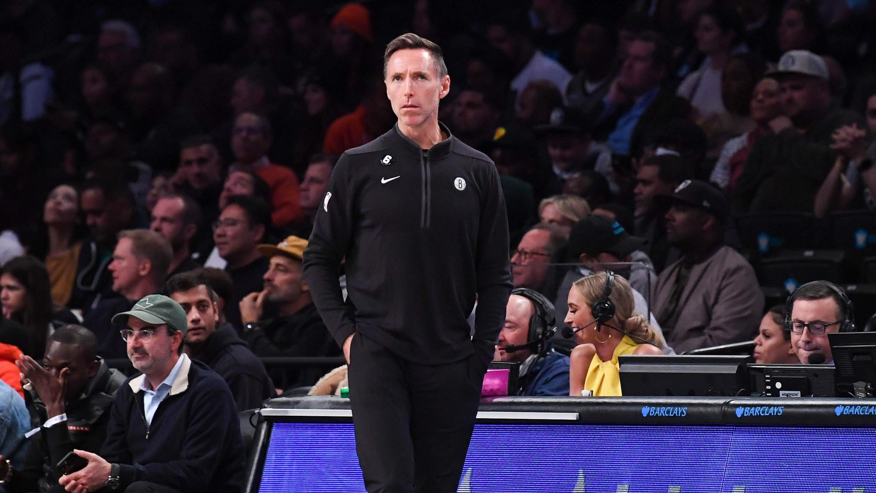 Oct 21, 2022; Brooklyn, New York, USA; Brooklyn Nets head coach Steve Nash coaches against the Toronto Raptors during the second quarter at Barclays Center. Mandatory Credit: Dennis Schneidler-USA TODAY Sports / © Dennis Schneidler-USA TODAY Sports