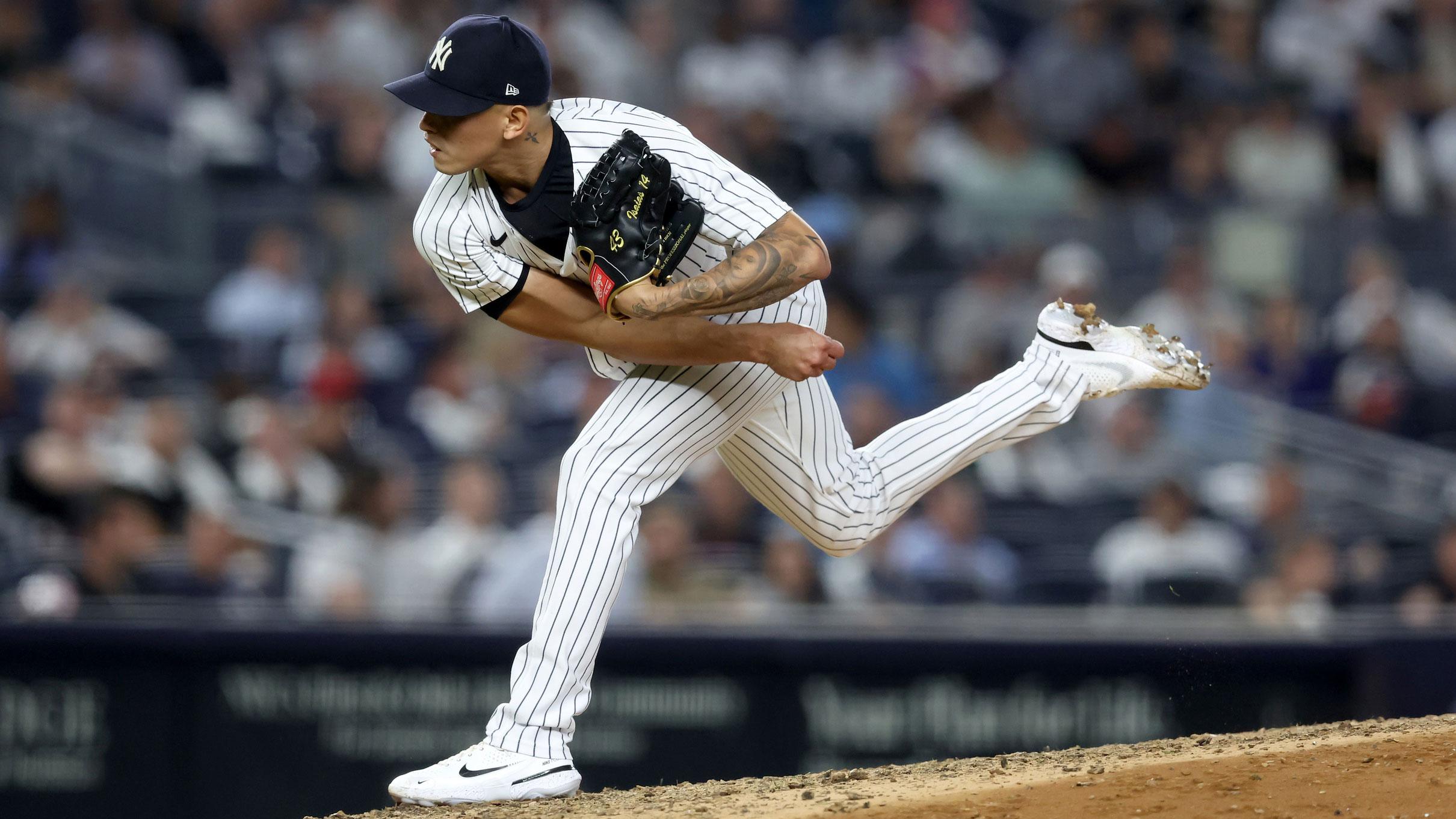 Sep 20, 2022; Bronx, New York, USA; New York Yankees relief pitcher Jonathan Loaisiga (43) follows through on a pitch against the Pittsburgh Pirates during the eighth inning at Yankee Stadium. / Brad Penner-USA TODAY Sports