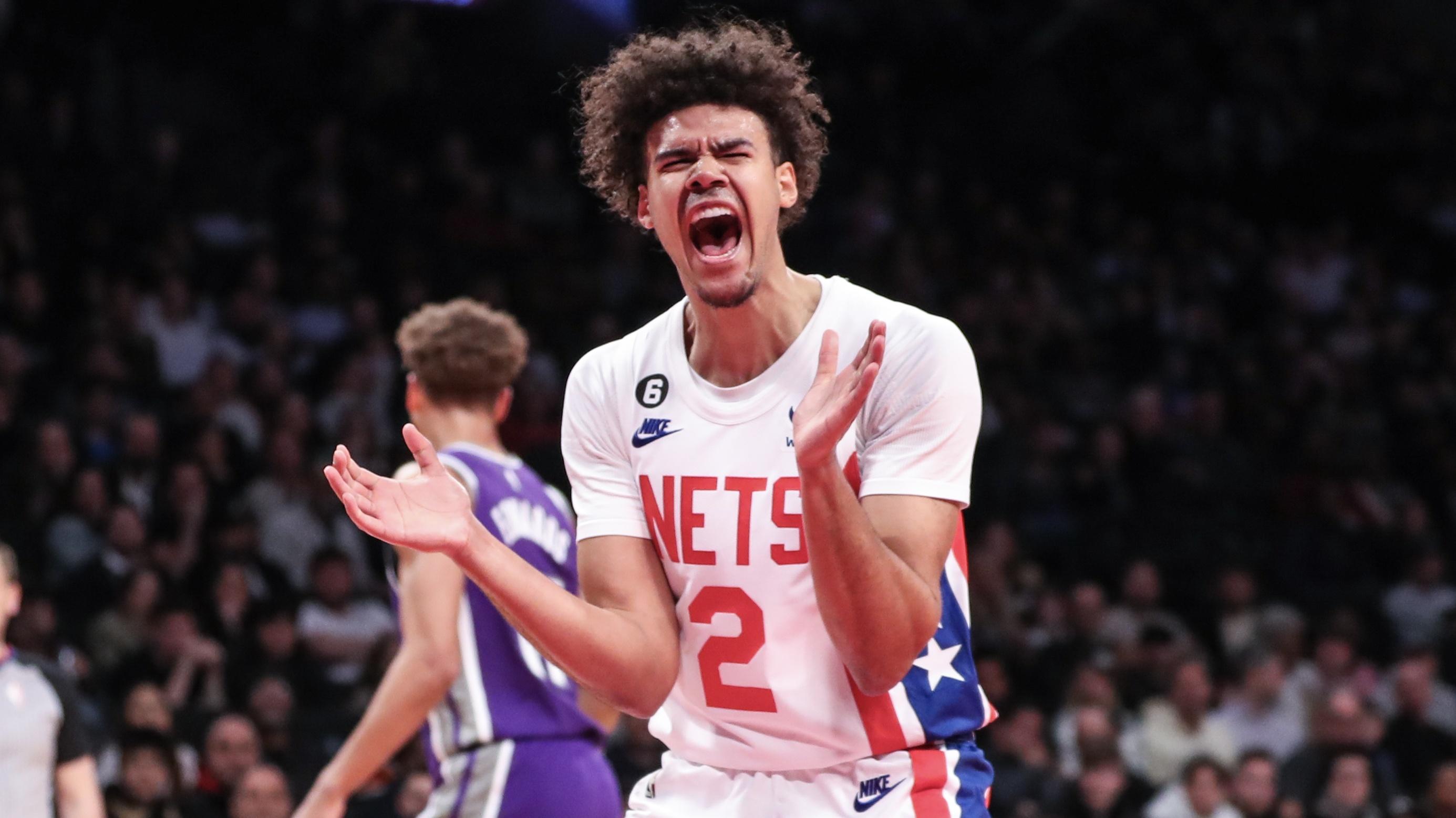 Brooklyn Nets forward Cameron Johnson (2) reacts after a call in the third quarter against the Sacramento Kings at Barclays Center / Wendell Cruz - USA TODAY Sports