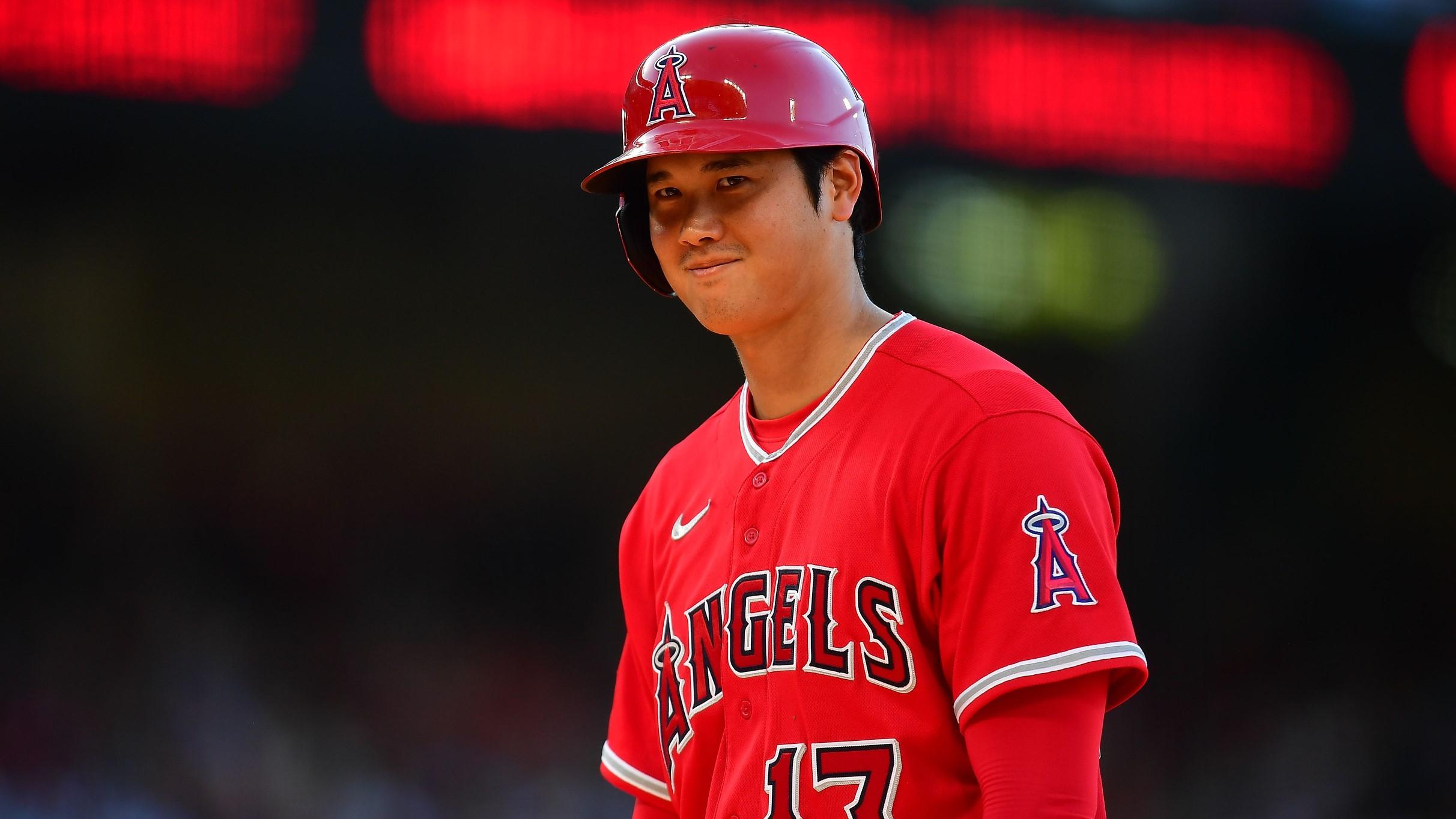 Jul 19, 2023; Anaheim, California, USA; Los Angeles Angels designated hitter Shohei Ohtani (17) during a stoppage in play against the New York Yankees during the sixth inning at Angel Stadium. / Gary A. Vasquez-USA TODAY Sports