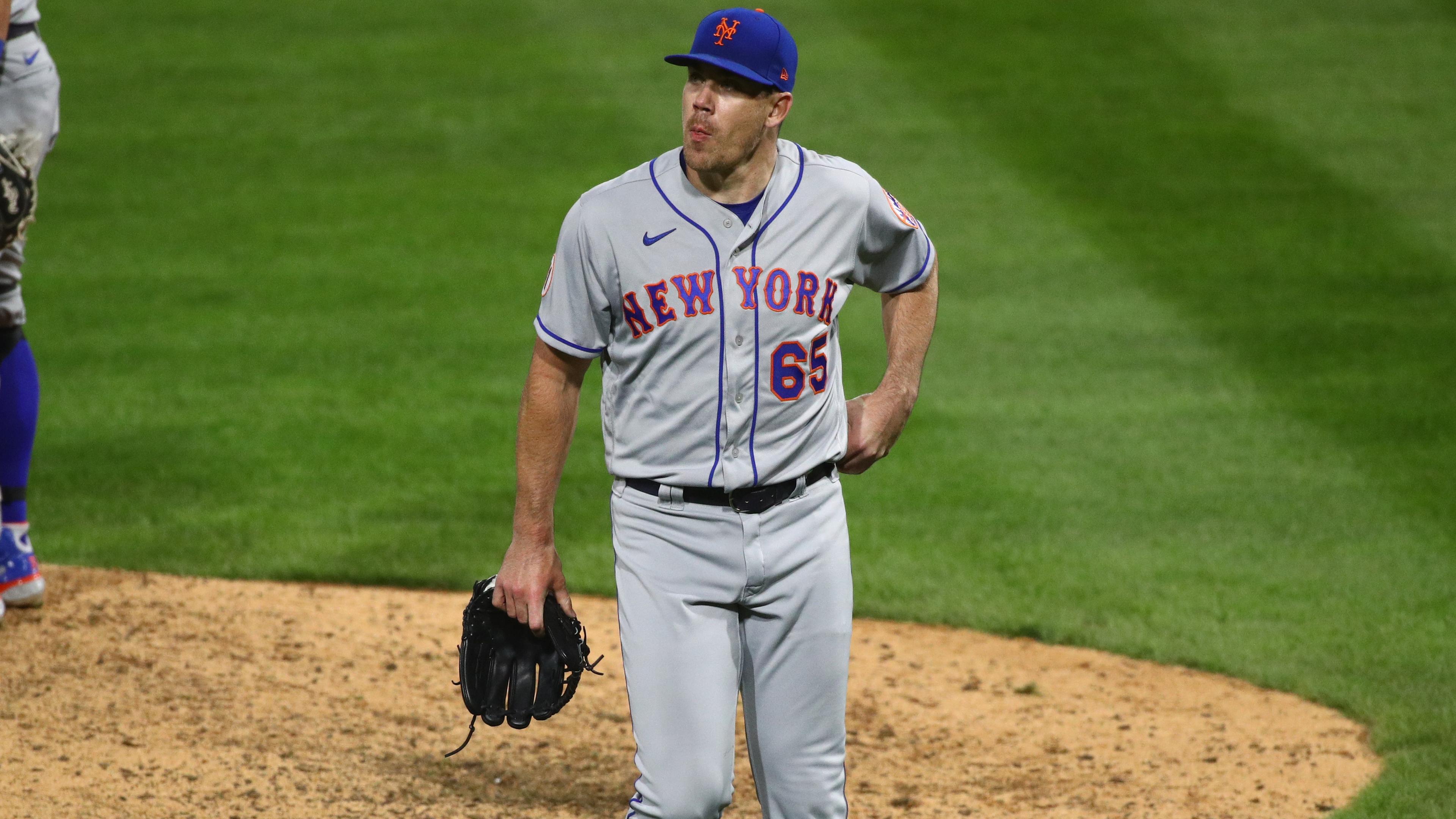 Apr 5, 2021; Philadelphia, Pennsylvania, USA; New York Mets relief pitcher Trevor May (65) reacts after being taken out of the game in the eighth inning against the Philadelphia Phillies at Citizens Bank Park. / © Kyle Ross-USA TODAY Sports