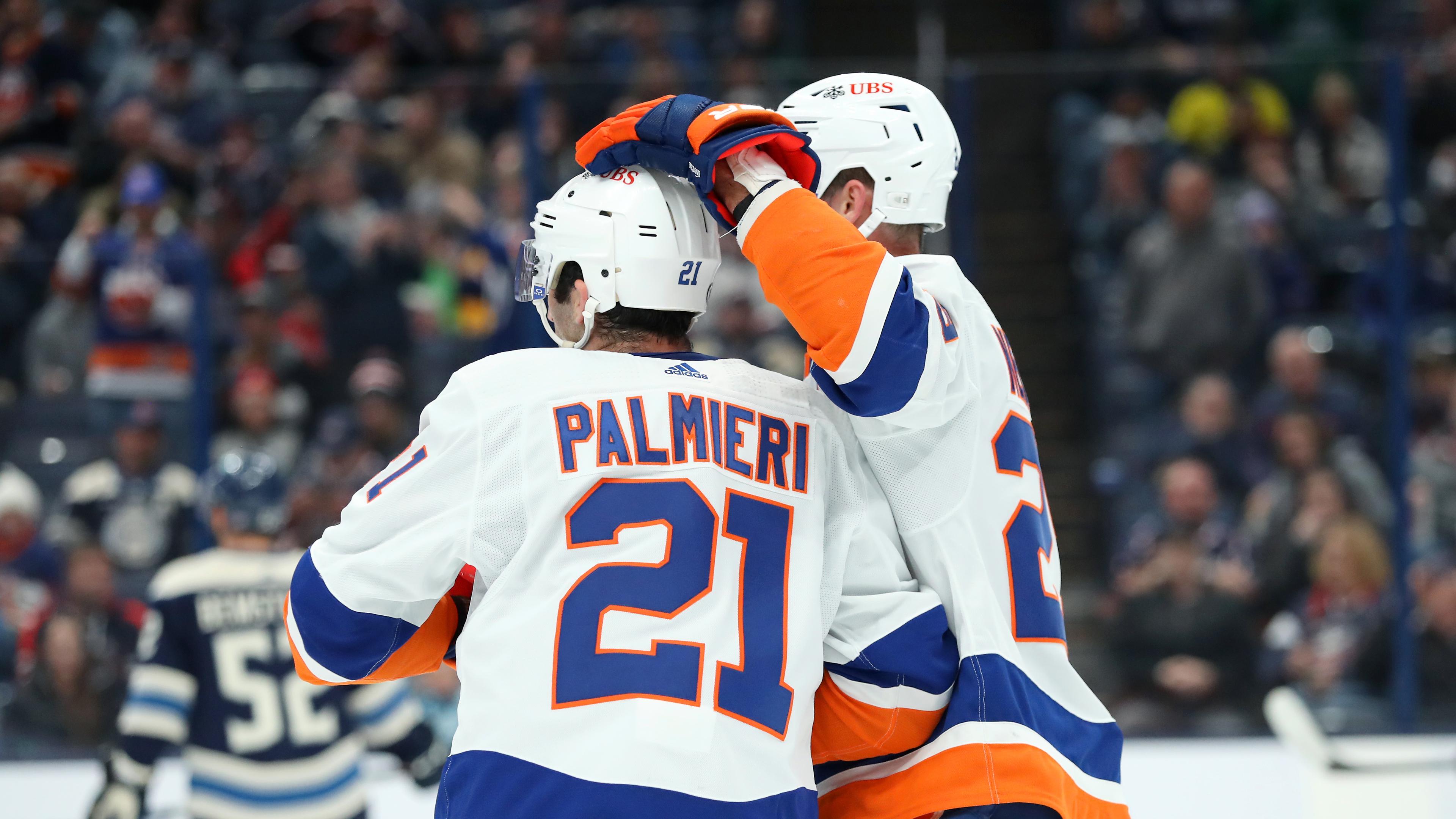 New York Islanders center Kyle Palmieri (21) celebrates his goal with center Brock Nelson (29) during the first period against the Columbus Blue Jackets at Nationwide Arena. / Joseph Maiorana-USA TODAY Sports