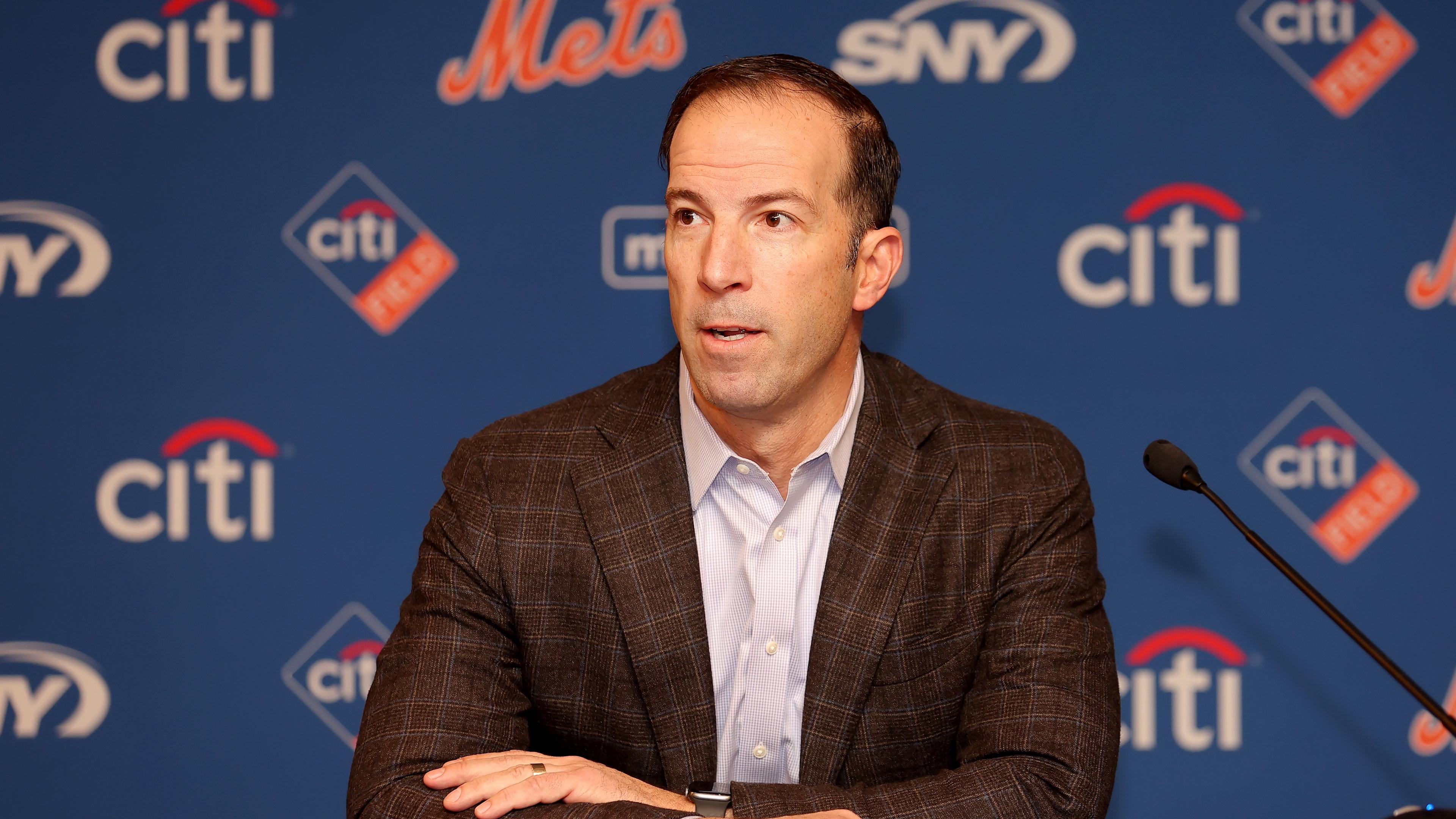 Dec 19, 2022; NY, NY, USA; New York Mets general manager Billy Eppler introduces pitcher Kodai Senga (not pictured) during a press conference at Citi Field. Mandatory Credit: Brad Penner-USA TODAY Sports / © Brad Penner-USA TODAY Sports