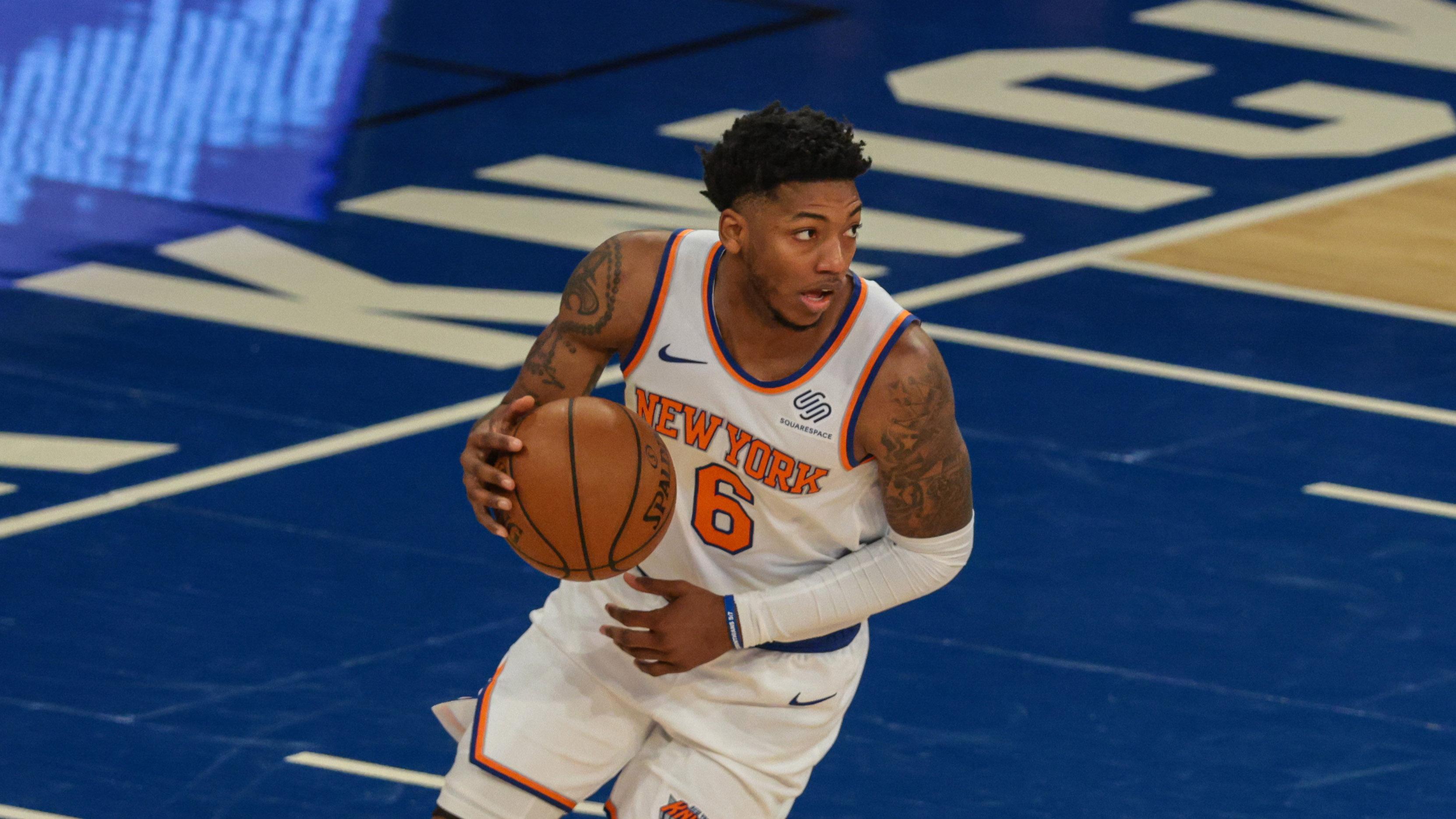 New York Knicks guard Elfrid Payton (6) dribbles during the second half against the Boston Celtics at Madison Square Garden. / Vincent Carchietta-USA TODAY Sports