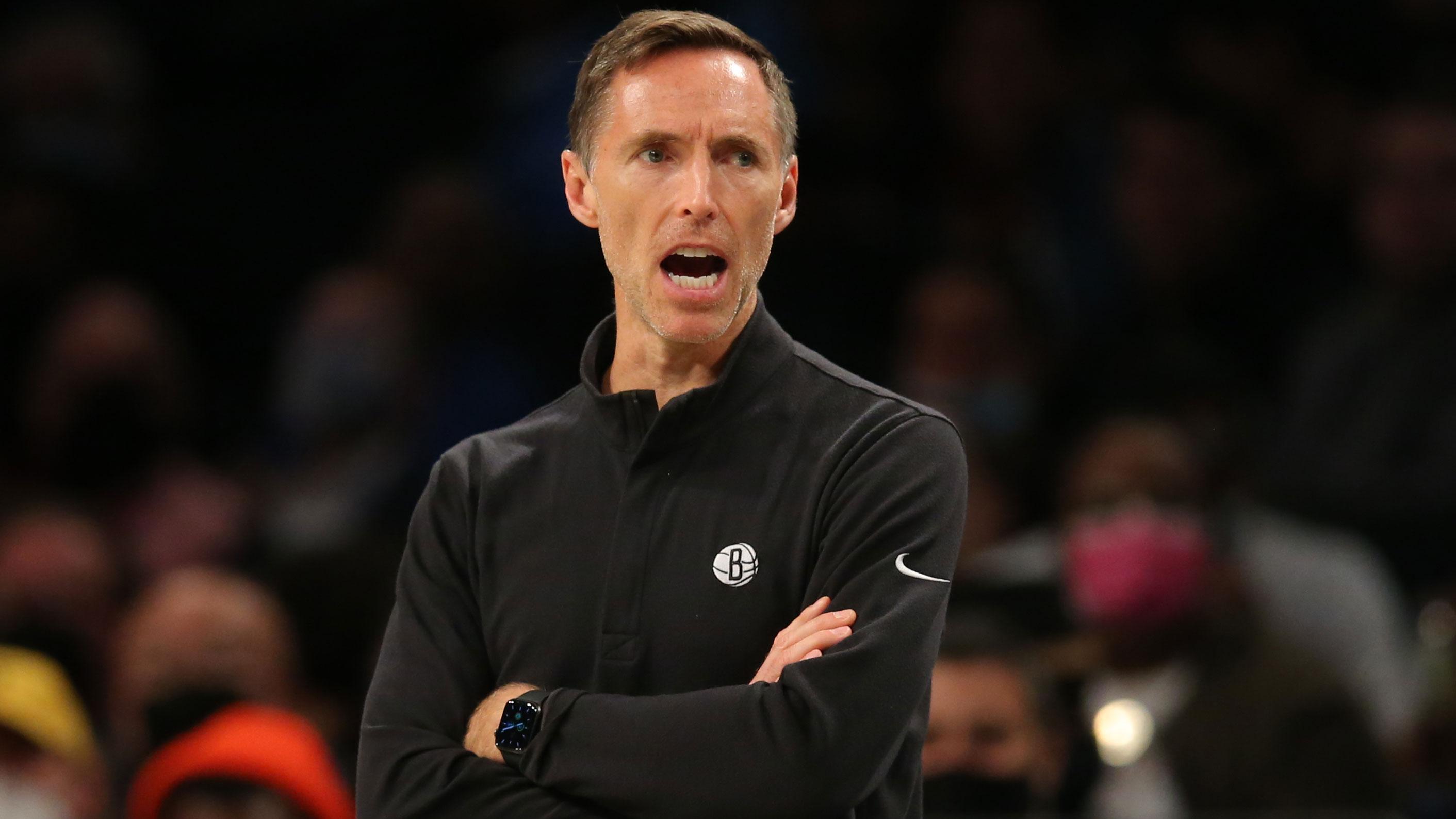 Oct 14, 2021; Brooklyn, New York, USA; Brooklyn Nets head coach Steve Nash coaches against the Minnesota Timberwolves during the first quarter at Barclays Center. / Brad Penner-USA TODAY Sports