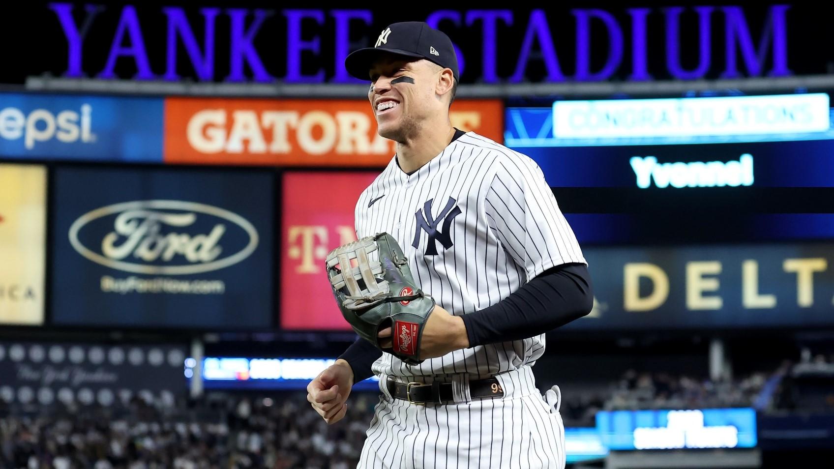 Sep 30, 2022; Bronx, New York, USA; New York Yankees right fielder Aaron Judge (99) reacts as he runs in from the outfield during the fifth inning against the Baltimore Orioles at Yankee Stadium. / Brad Penner-USA TODAY Sports