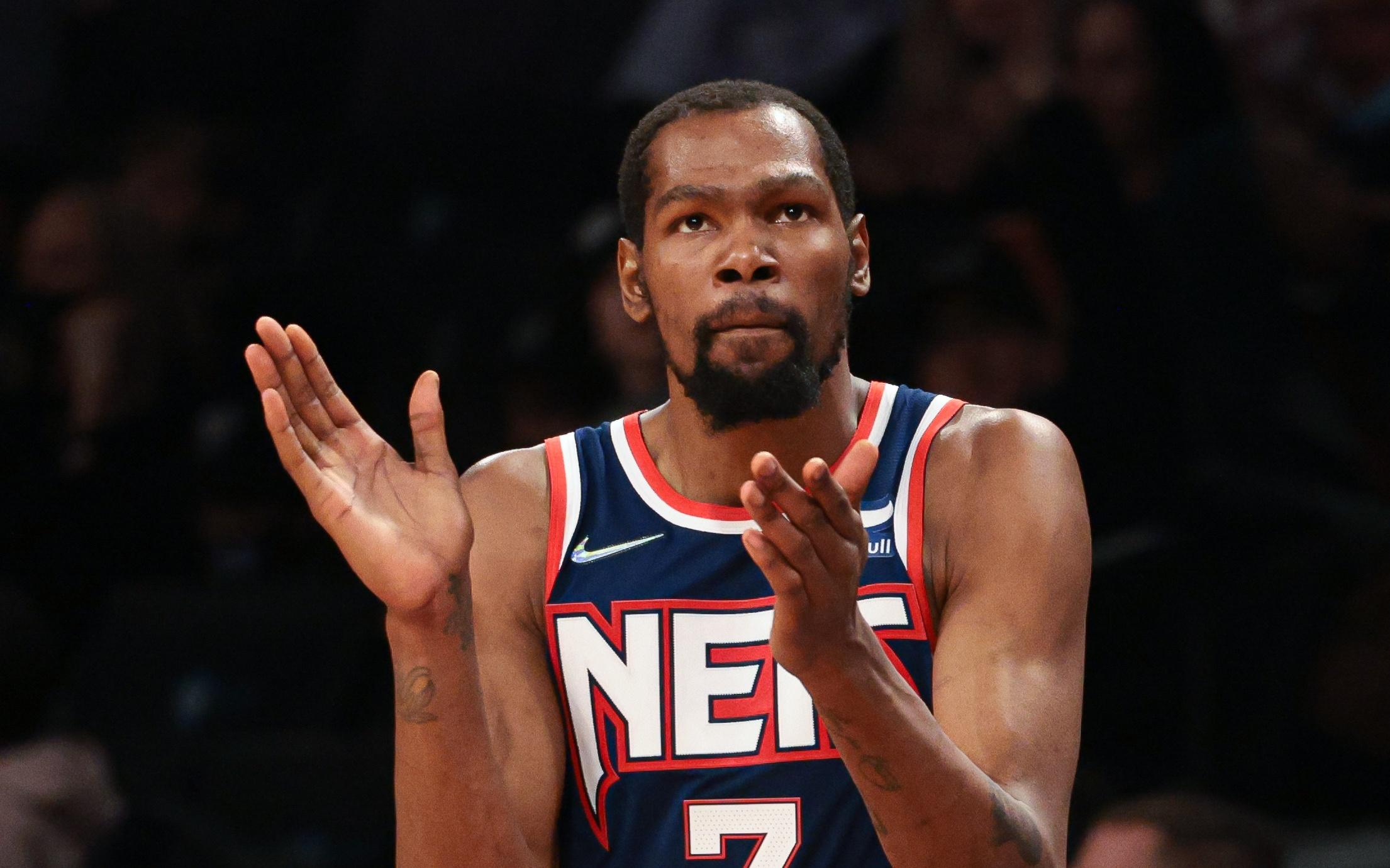 Dec 16, 2021; Brooklyn, New York, USA; Brooklyn Nets forward Kevin Durant (7) reacts during the first half against the Philadelphia 76ers at Barclays Center. Mandatory Credit: Vincent Carchietta-USA TODAY Sports / © Vincent Carchietta-USA TODAY Sports