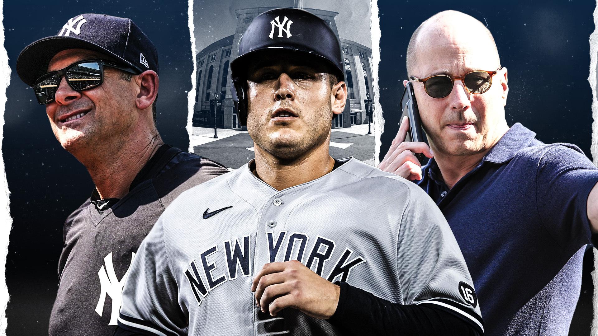 Aaron Boone, Anthony Rizzo and Brian Cashman / USA TODAY Sports/SNY Treated Image
