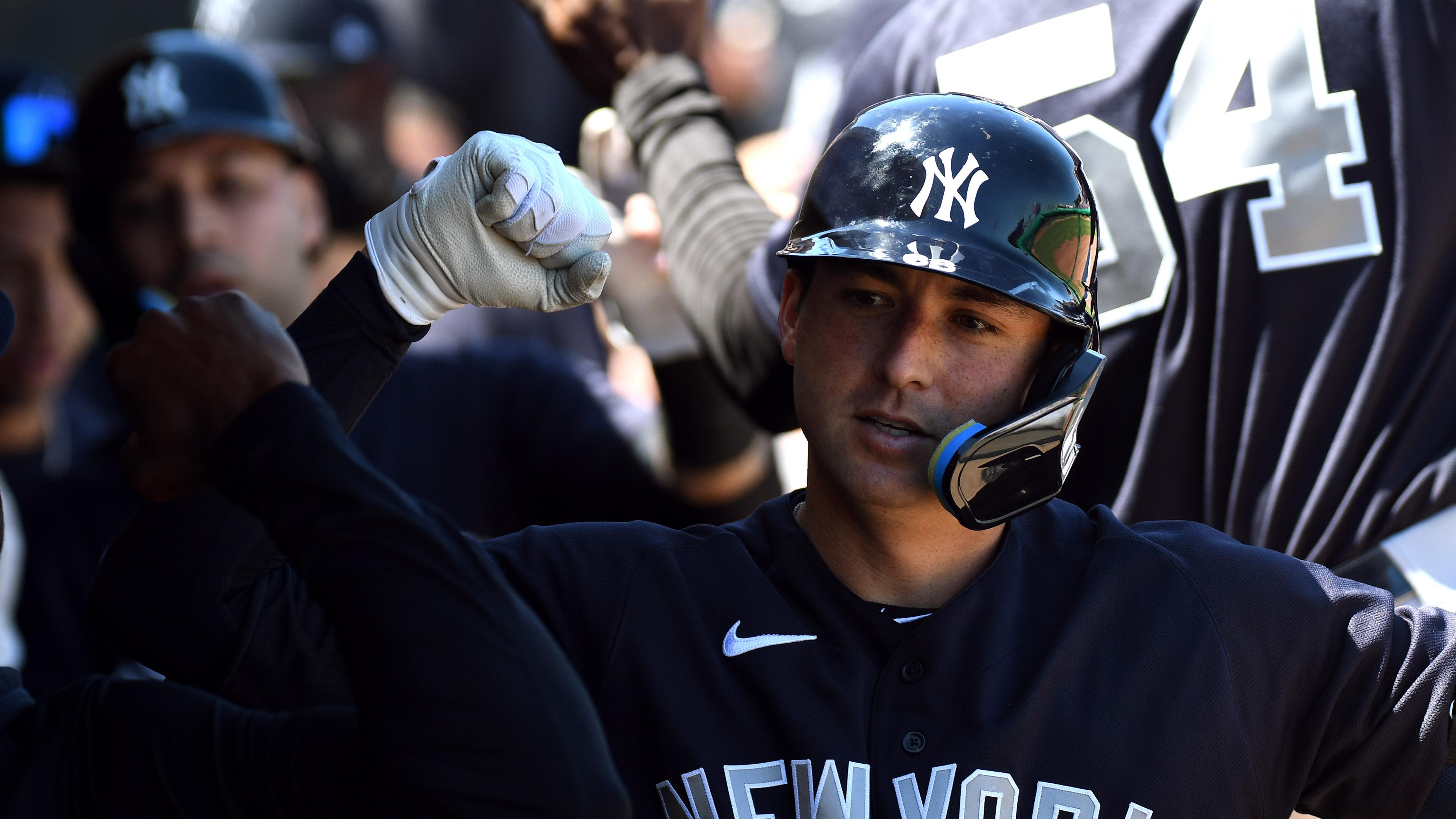 Mar 25, 2022; Clearwater, Florida, USA; New York Yankees catcher Kyle Higashioka (66) celebrates after hitting a two run home run in the second inning against the Philadelphia Phillies during spring training at BayCare Ballpark. / Jonathan Dyer-USA TODAY Sports
