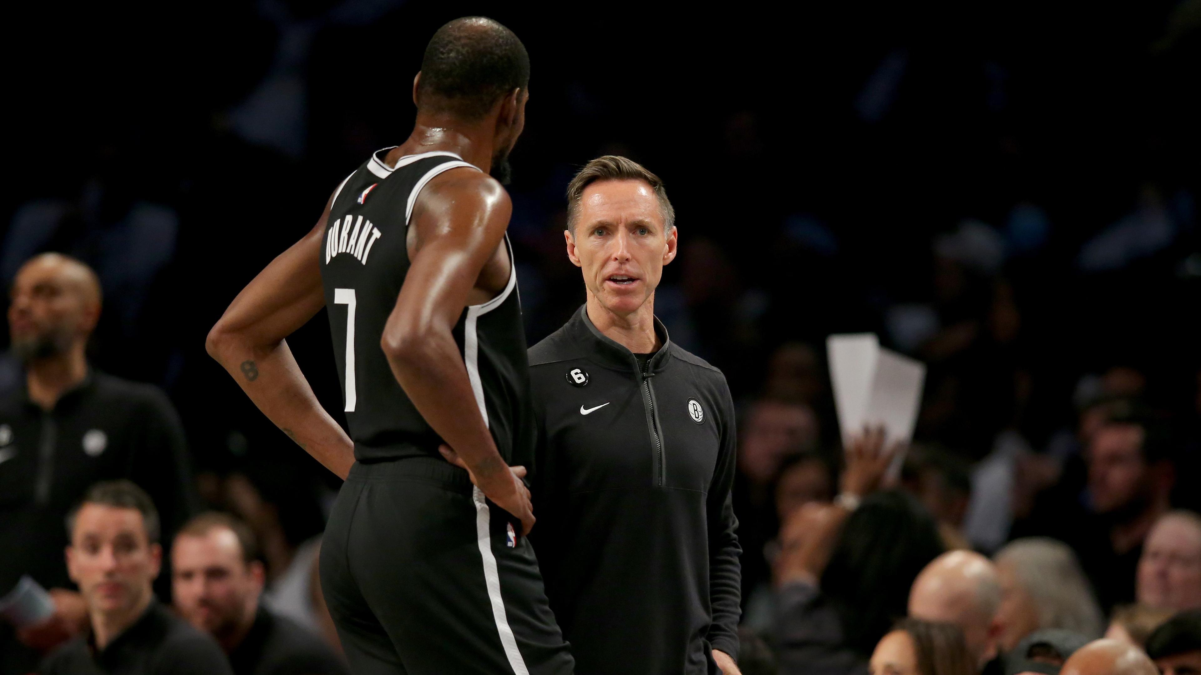 Oct 19, 2022; Brooklyn, New York, USA; Brooklyn Nets forward Kevin Durant (7) talks to head coach Steve Nash during the second quarter against the New Orleans Pelicans at Barclays Center. Mandatory Credit: Brad Penner-USA TODAY Sports / © Brad Penner-USA TODAY Sports