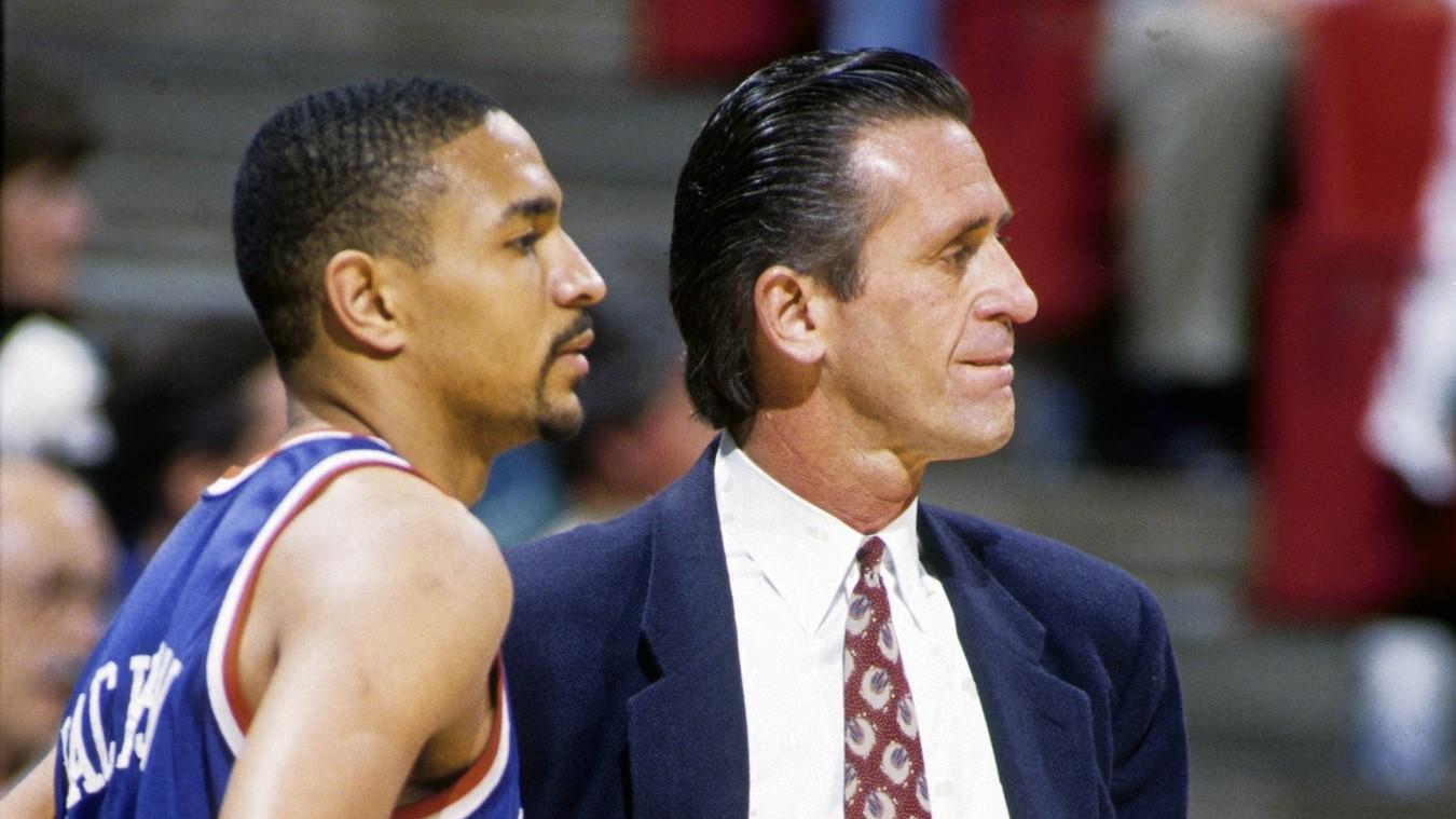 New York Knicks head coach Pat Riley (right) talks to guard Mark Jackson (left) on the sideline during the 1992 season. / RVR Photos-USA TODAY Sports