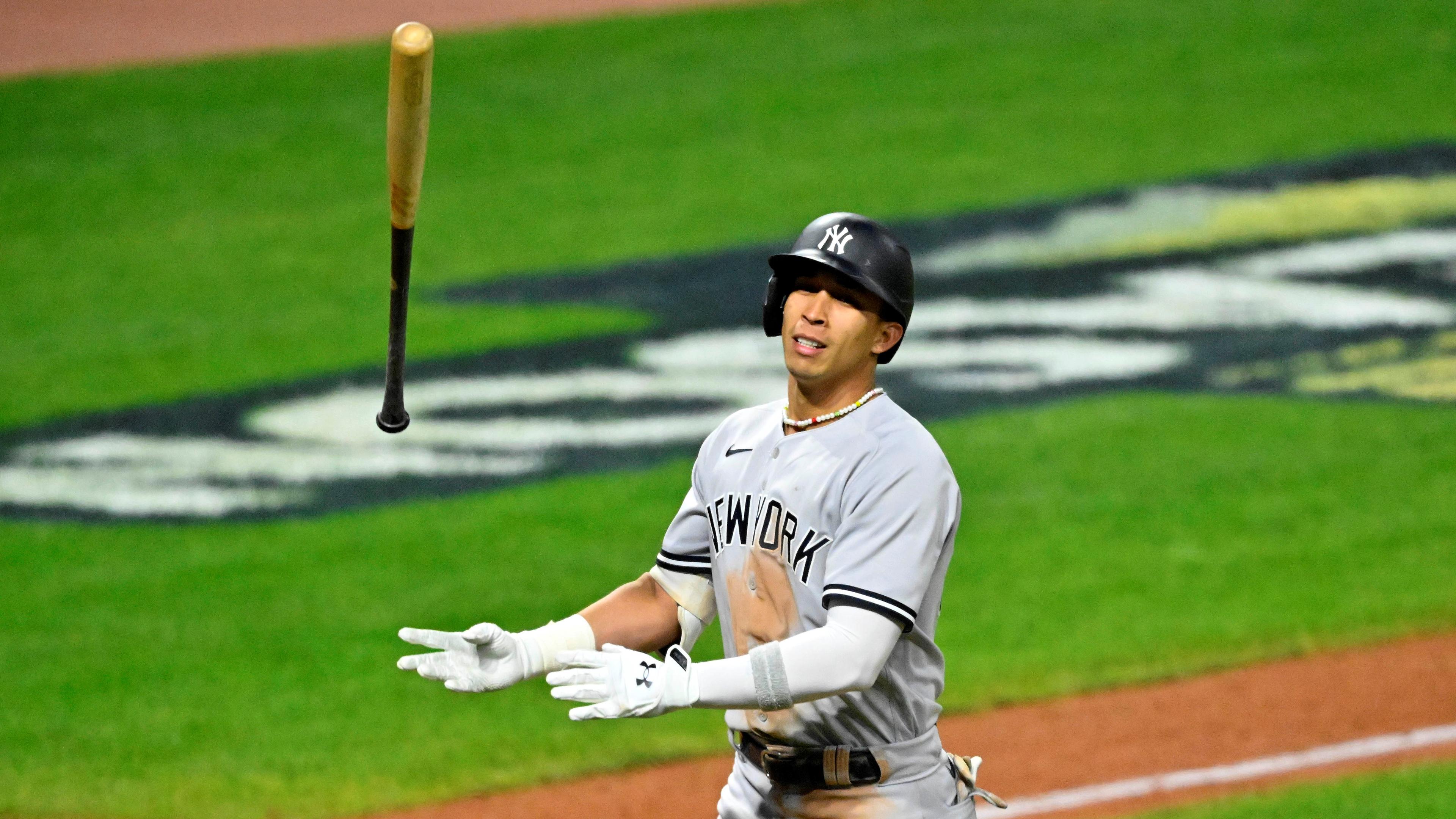 Oct 15, 2022; Cleveland, Ohio, USA; New York Yankees first baseman Oswaldo Cabrera (95) reacts after hitting a two run home run against the Cleveland Guardians in the fifth inning during game three of the NLDS for the 2022 MLB Playoffs at Progressive Field. Mandatory Credit: David Richard-USA TODAY Sports / © David Richard-USA TODAY Sports