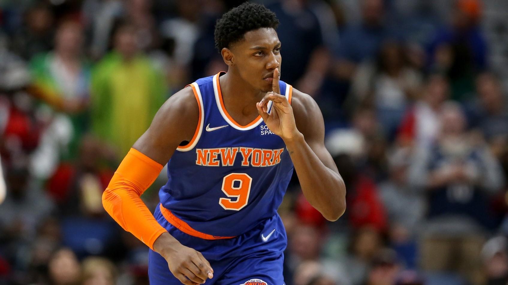 Oct 30, 2021; New Orleans, Louisiana, USA; New York Knicks guard RJ Barrett (9) gestures after a basket in the second half against the New Orleans Pelicans at the Smoothie King Center. / Chuck Cook-USA TODAY Sports