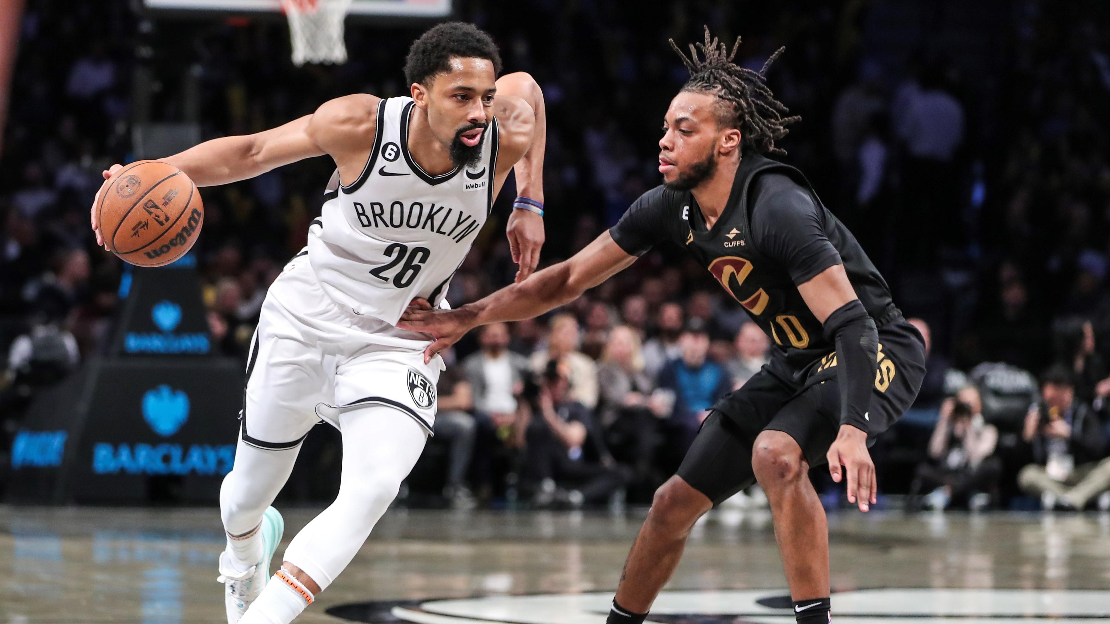 Mar 23, 2023; Brooklyn, New York, USA; Brooklyn Nets guard Spencer Dinwiddie (26) moves the ball against Cleveland Cavaliers guard Darius Garland (10) in the third quarter at Barclays Center. Mandatory Credit: Wendell Cruz-USA TODAY Sports / Mar 23, 2023; Brooklyn, New York, USA; Brooklyn Nets guard Spencer Dinwiddie (26) moves the ball against Cleveland Cavaliers guard Darius Garland (10) in the third quarter at Barclays Center. Mandatory Credit: Wendell Cruz-USA TODAY Sports