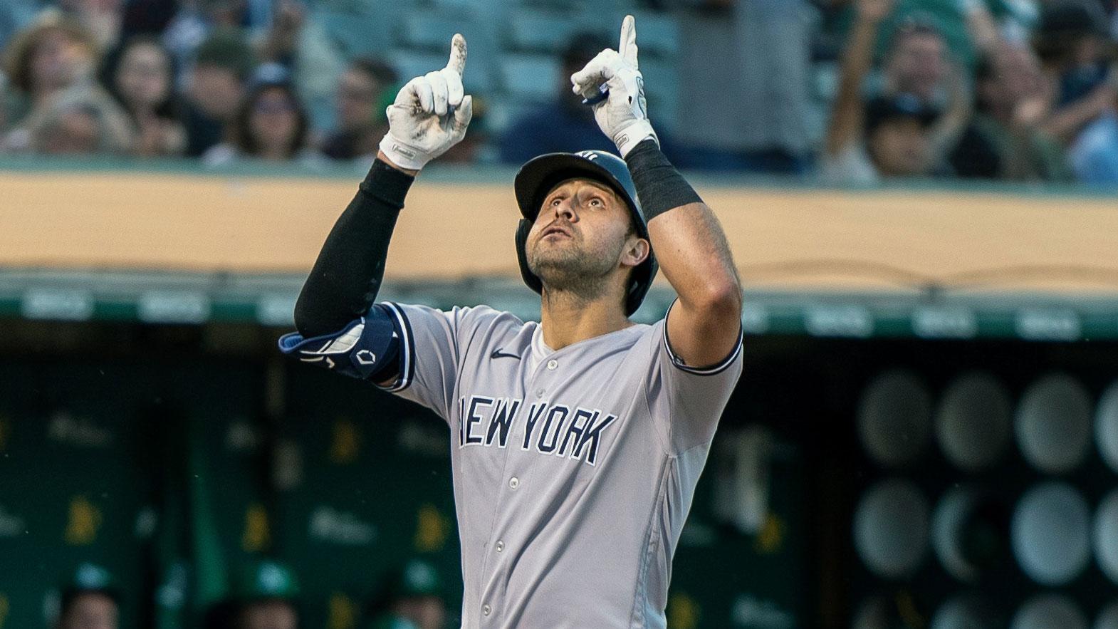 Aug 26, 2021; Oakland, California, USA; New York Yankees center fielder Joey Gallo (13) celebrates at home plate after hitting a three run home run against the Oakland Athletics during the third inning at RingCentral Coliseum. / Neville E. Guard-USA TODAY Sports