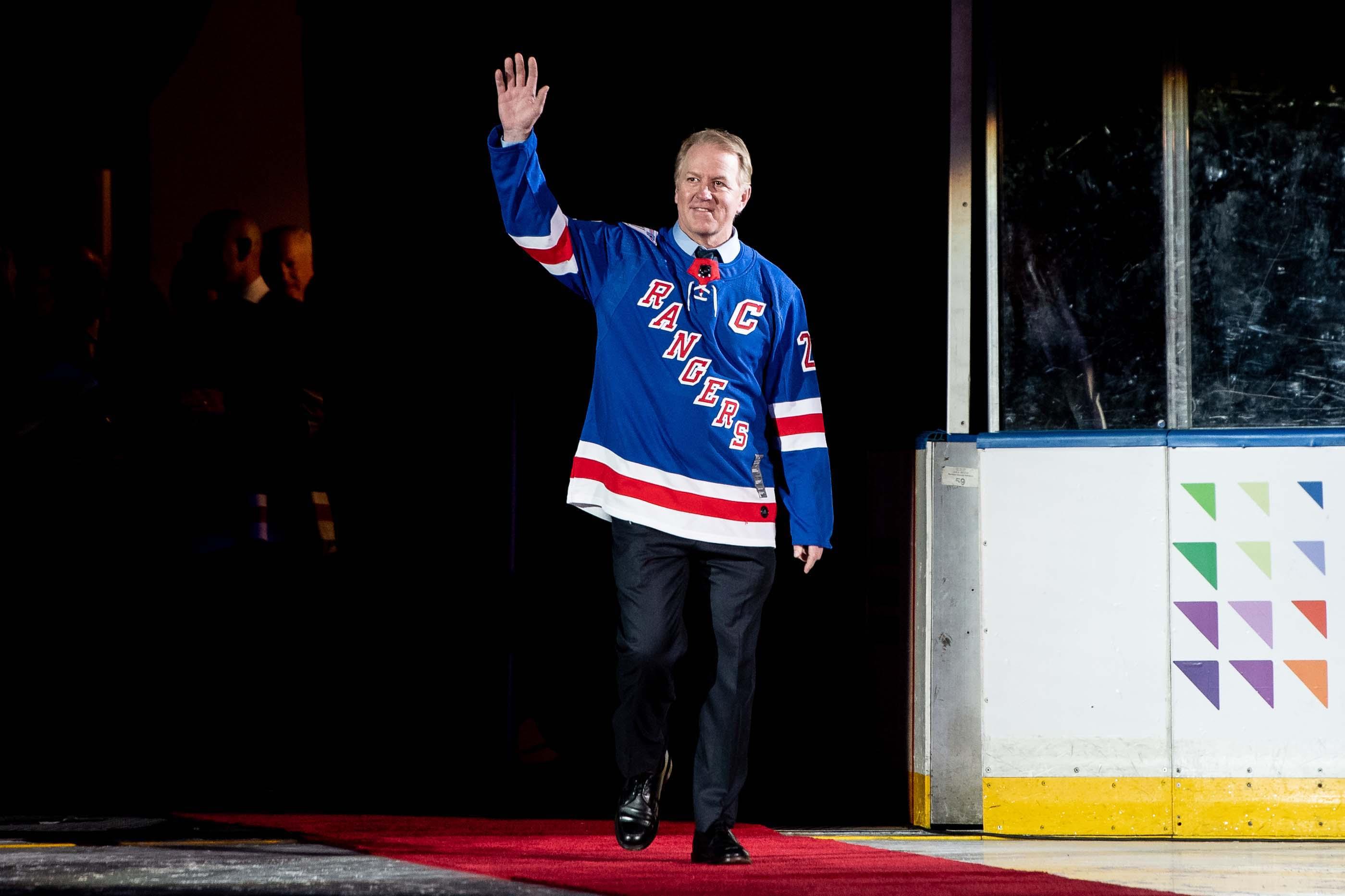 Dec 2, 2018; New York, NY, USA; Brian Leetch walks out during the jersey retirement for Vic Hadfieldat Madison Square Garden. Mandatory Credit: Dennis Schneidler-USA TODAY Sports Brian Leetch / Dennis Schneidler-USA TODAY Sports Brian Leetch
