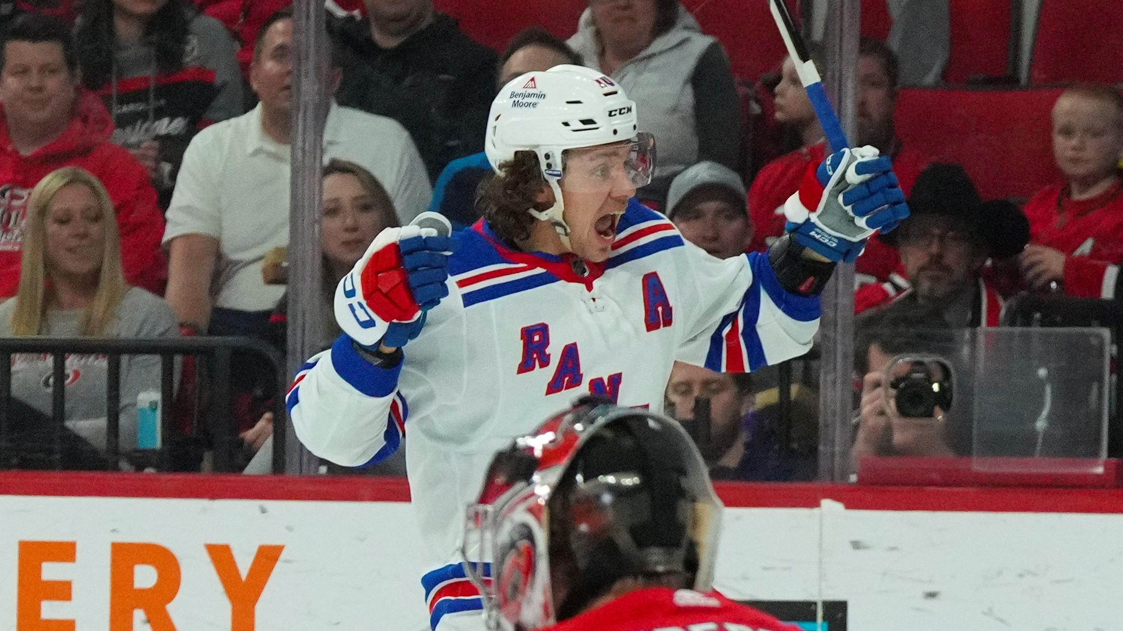 Mar 23, 2023; Raleigh, North Carolina, USA; New York Rangers left wing Artemi Panarin (10) celebrates his goal against the Carolina Hurricanes during the second period at PNC Arena. Mandatory Credit: James Guillory-USA TODAY Sports / © James Guillory-USA TODAY Sports