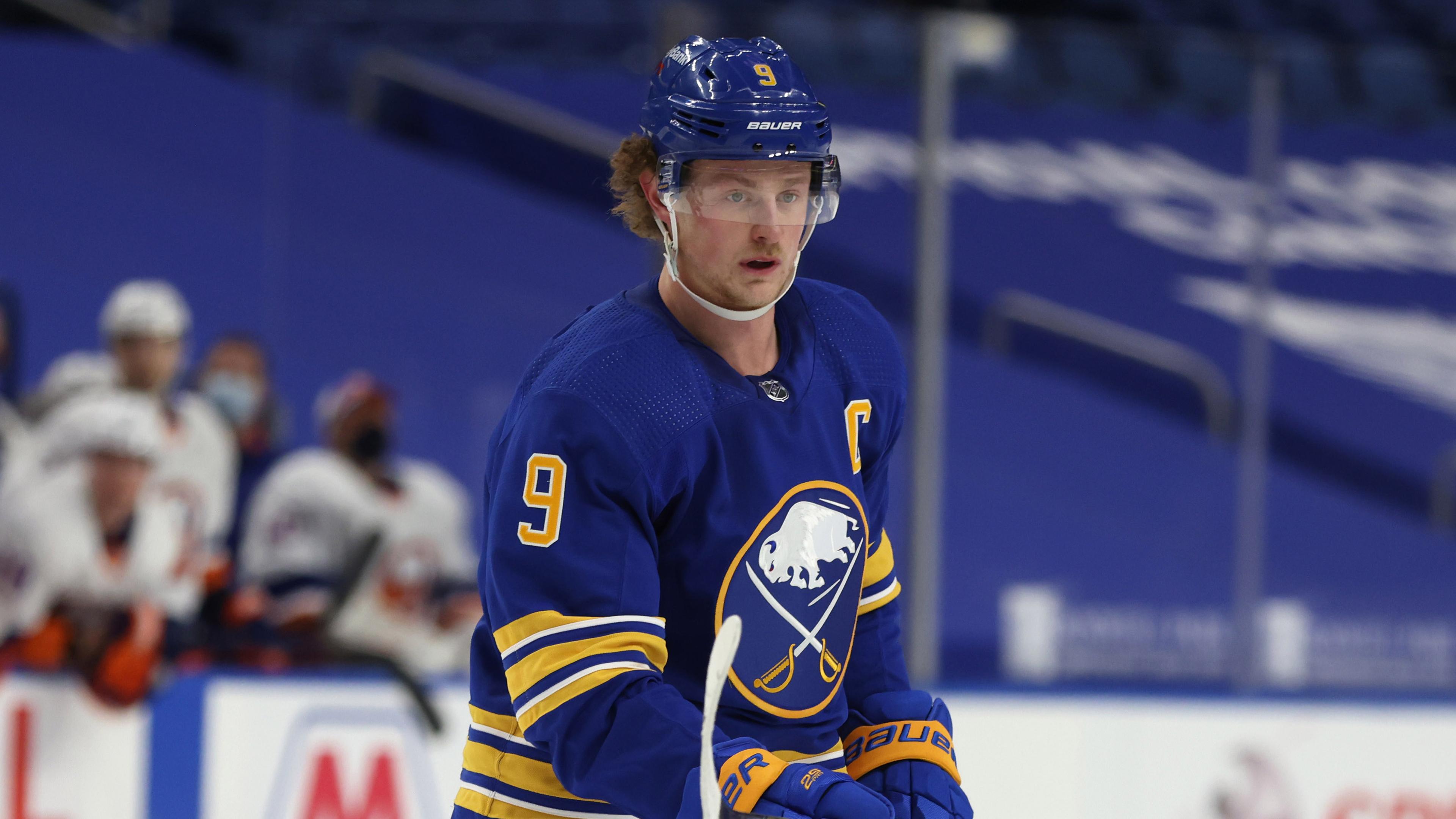Feb 16, 2021; Buffalo, New York, USA; Buffalo Sabres center Jack Eichel (9) looks for the puck during the second period against the New York Islanders at KeyBank Center. / Timothy T. Ludwig-USA TODAY Sports
