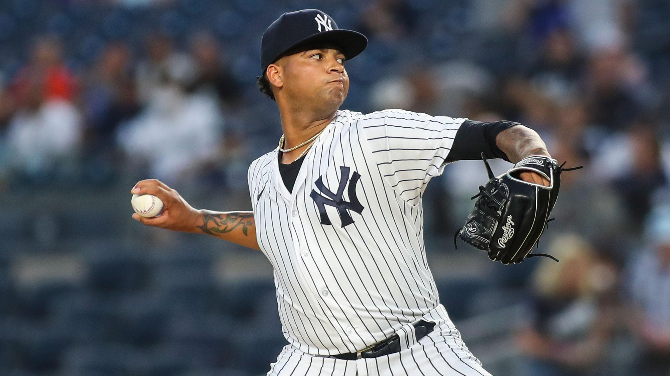 Sep 8, 2021; Bronx, New York, USA; New York Yankees pitcher Luis Gil (81) pitches in the first inning against the Toronto Blue Jays at Yankee Stadium. / Wendell Cruz-USA TODAY Sports