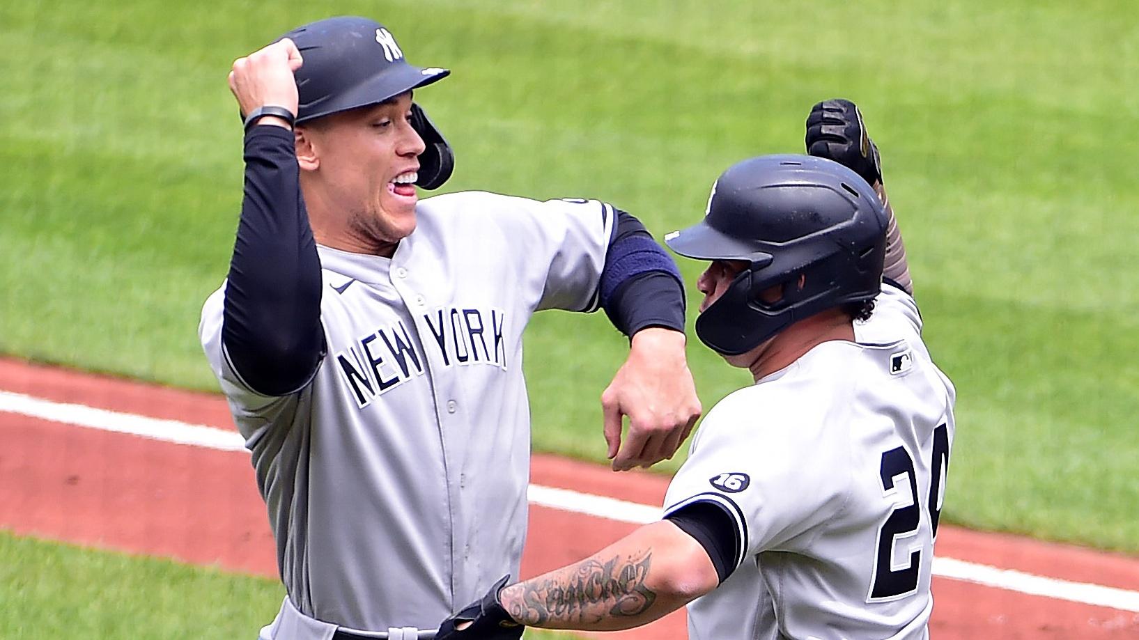 May 16, 2021; Baltimore, Maryland, USA; New York Yankees catcher Gary Sanchez (24) is congratulated by outfielder Aaron Judge (99) after hitting a home run in the first inning against the Baltimore Orioles at Oriole Park at Camden Yards. Mandatory Credit: Evan Habeeb-USA TODAY Sports / © Evan Habeeb-USA TODAY Sports