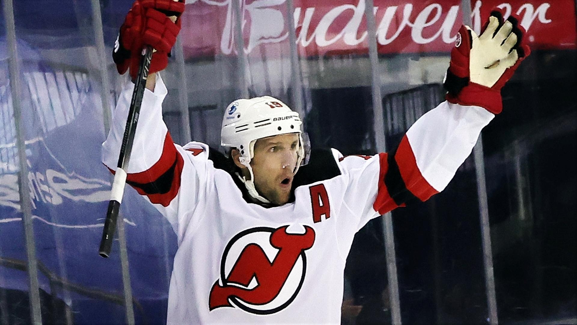 Jan 19, 2021; New York, New York, USA; New Jersey Devils center Travis Zajac (19) celebrates after scoring a goal against the New York Rangers at 32 seconds of the first period at Madison Square Garden. Mandatory Credit: Bruce Bennett/Pool Photos-USA TODAY Sports / © POOL PHOTOS-USA TODAY Sports