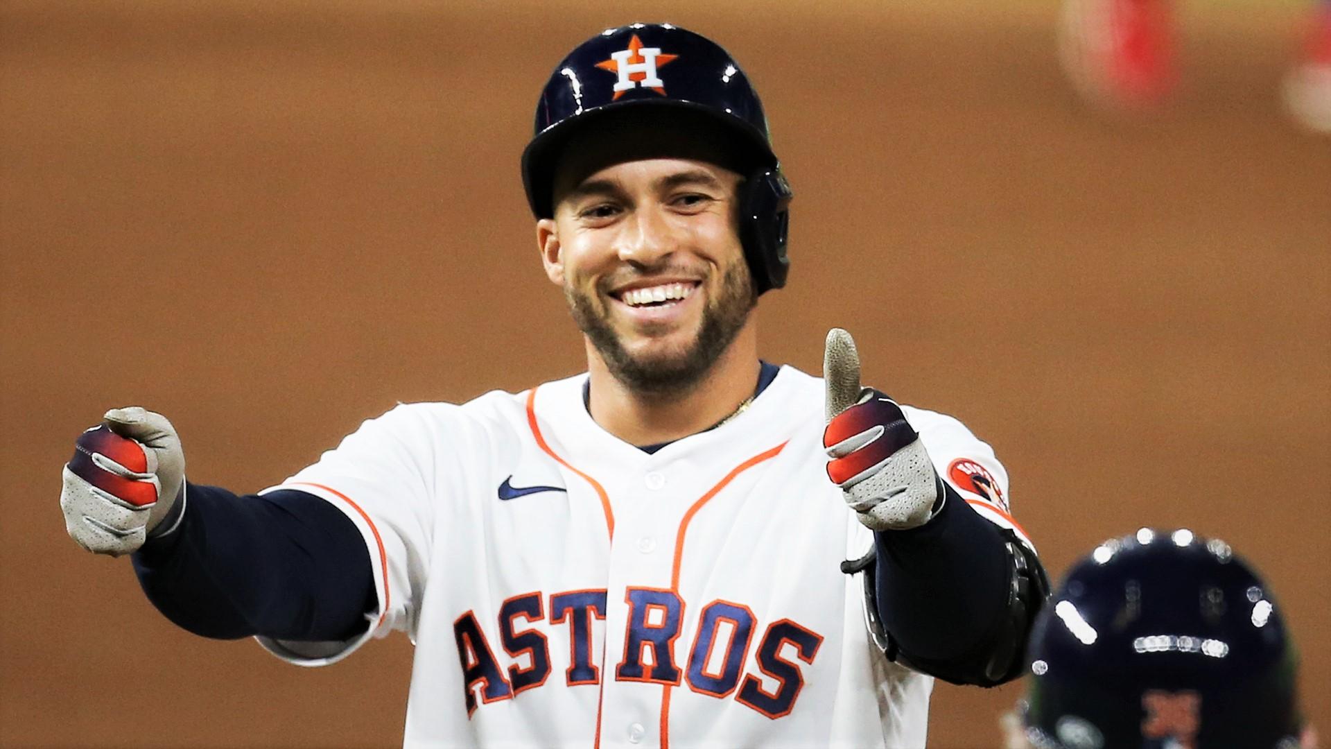 Sep 17, 2020; Houston, Texas, USA; Houston Astros center fielder George Springer (4) reacts after hitting a single against there Texas Rangers in the eighth inning at Minute Maid Park. Mandatory Credit: Thomas Shea-USA TODAY Sports / Sep 17, 2020; Houston, Texas, USA; Houston Astros center fielder George Springer (4) reacts after hitting a single against there Texas Rangers in the eighth inning at Minute Maid Park. Mandatory Credit: Thomas Shea-USA TODAY Sports