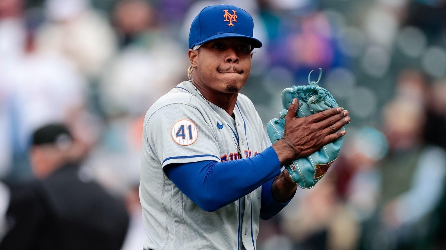 Apr 18, 2021; Denver, Colorado, USA; New York Mets starting pitcher Marcus Stroman (0) reacts at the end of the eighth inning against the Colorado Rockies at Coors Field. / Isaiah J. Downing-USA TODAY Sports