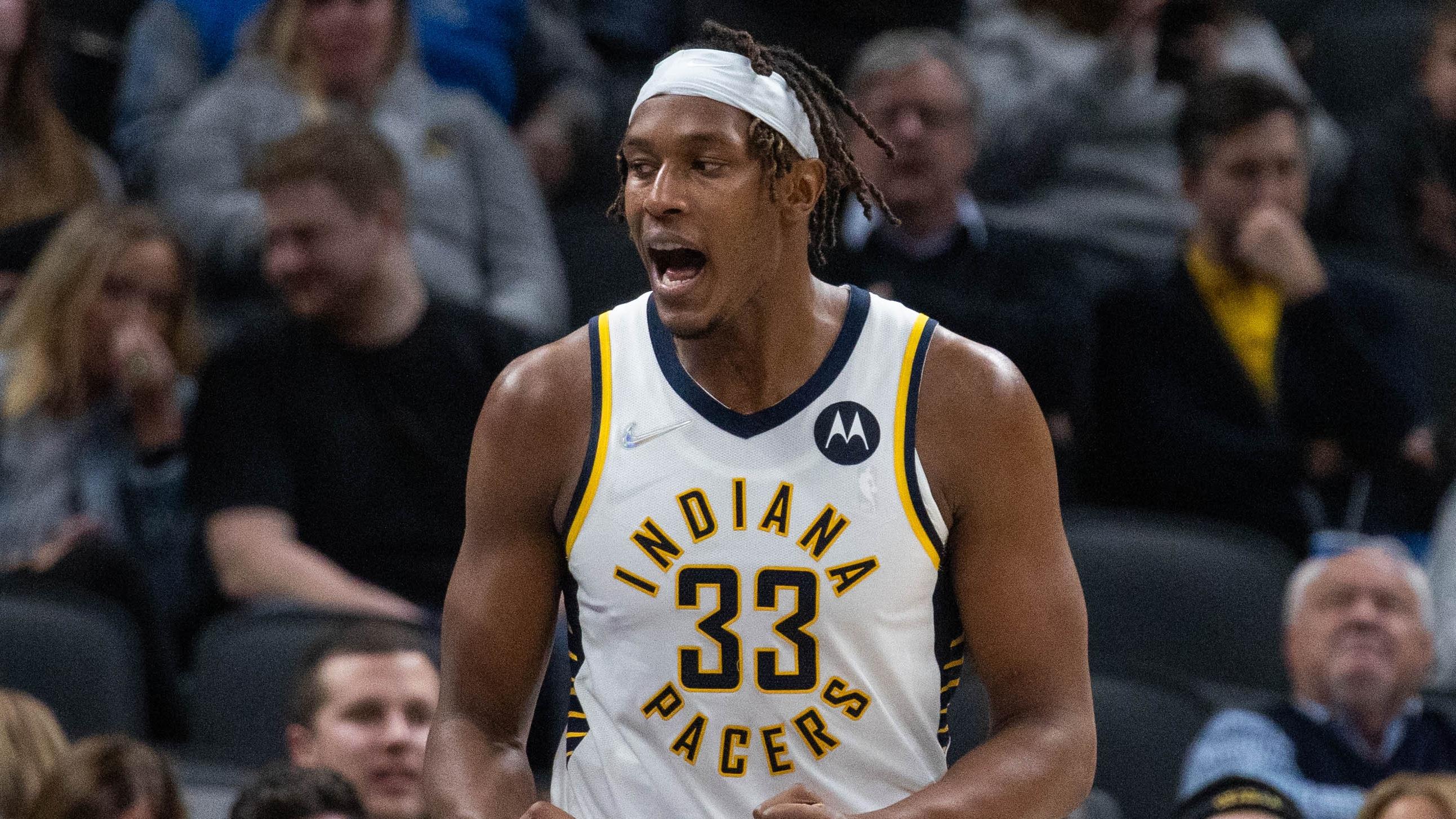 Dec 6, 2021; Indianapolis, Indiana, USA; Indiana Pacers center Myles Turner (33) reacts to a block in the second half against the Washington Wizards at Gainbridge Fieldhouse. / Trevor Ruszkowski-USA TODAY Sports