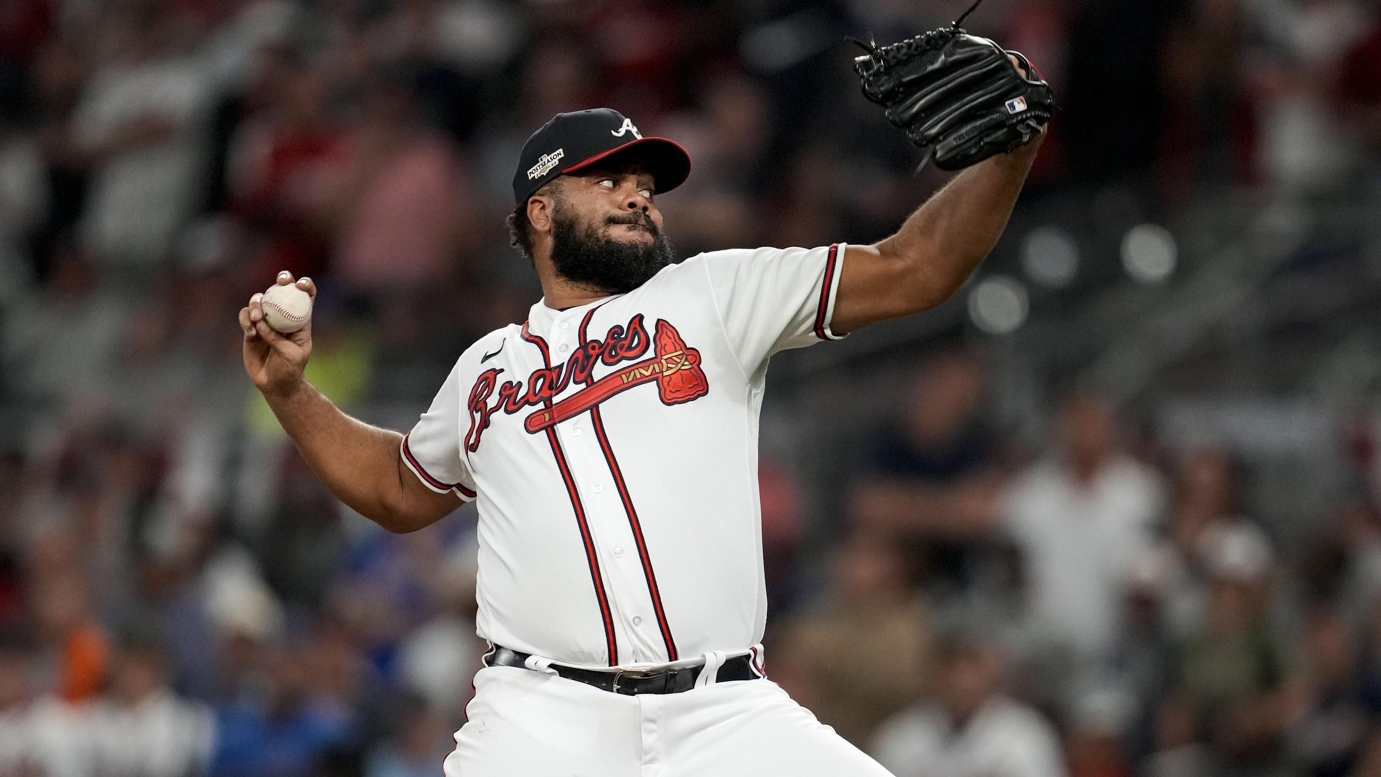 Oct 12, 2022; Atlanta, Georgia, USA; Atlanta Braves relief pitcher Kenley Jansen (74) throws against the Philadelphia Phillies in the ninth inning during game two of the NLDS for the 2022 MLB Playoffs at Truist Park / Dale Zanine-USA TODAY Sports