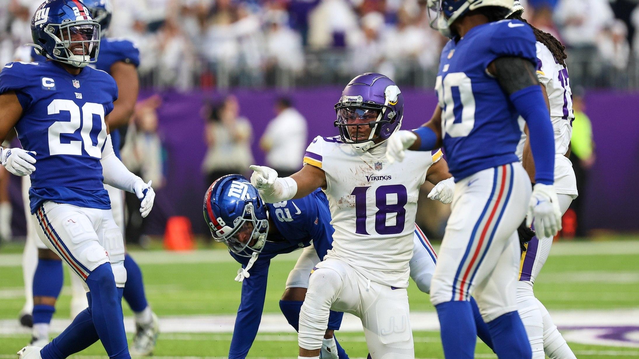 Minnesota Vikings wide receiver Justin Jefferson celebrates a first down against the New York Giants. / Matt Krohn-USA TODAY Sports