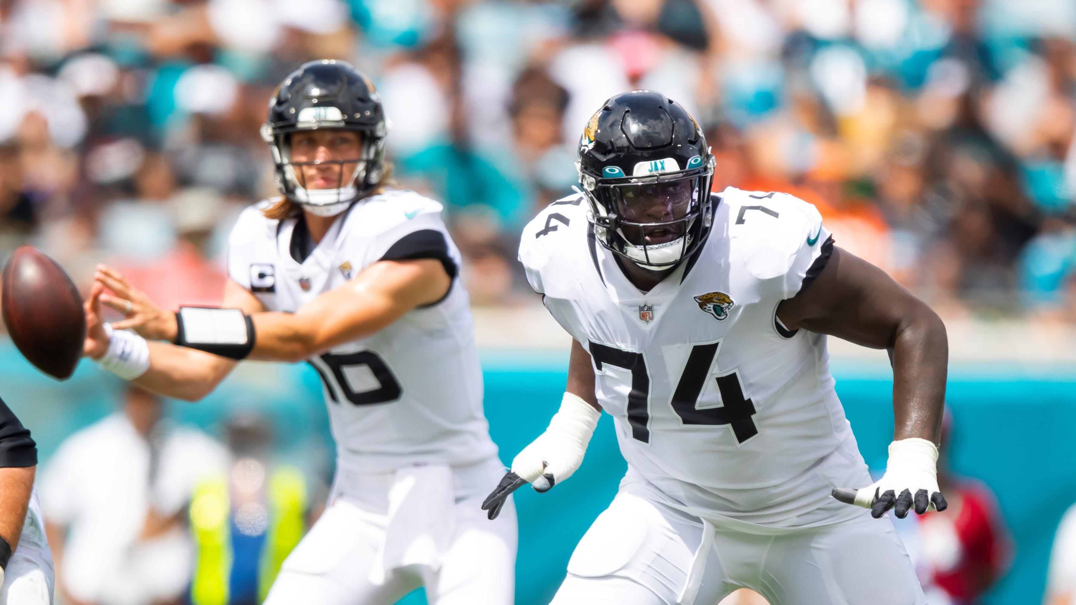 Jacksonville Jaguars offensive tackle Cam Robinson (74) against the Denver Broncos at TIAA Bank Field. / Mark J. Rebilas-USA TODAY Sports