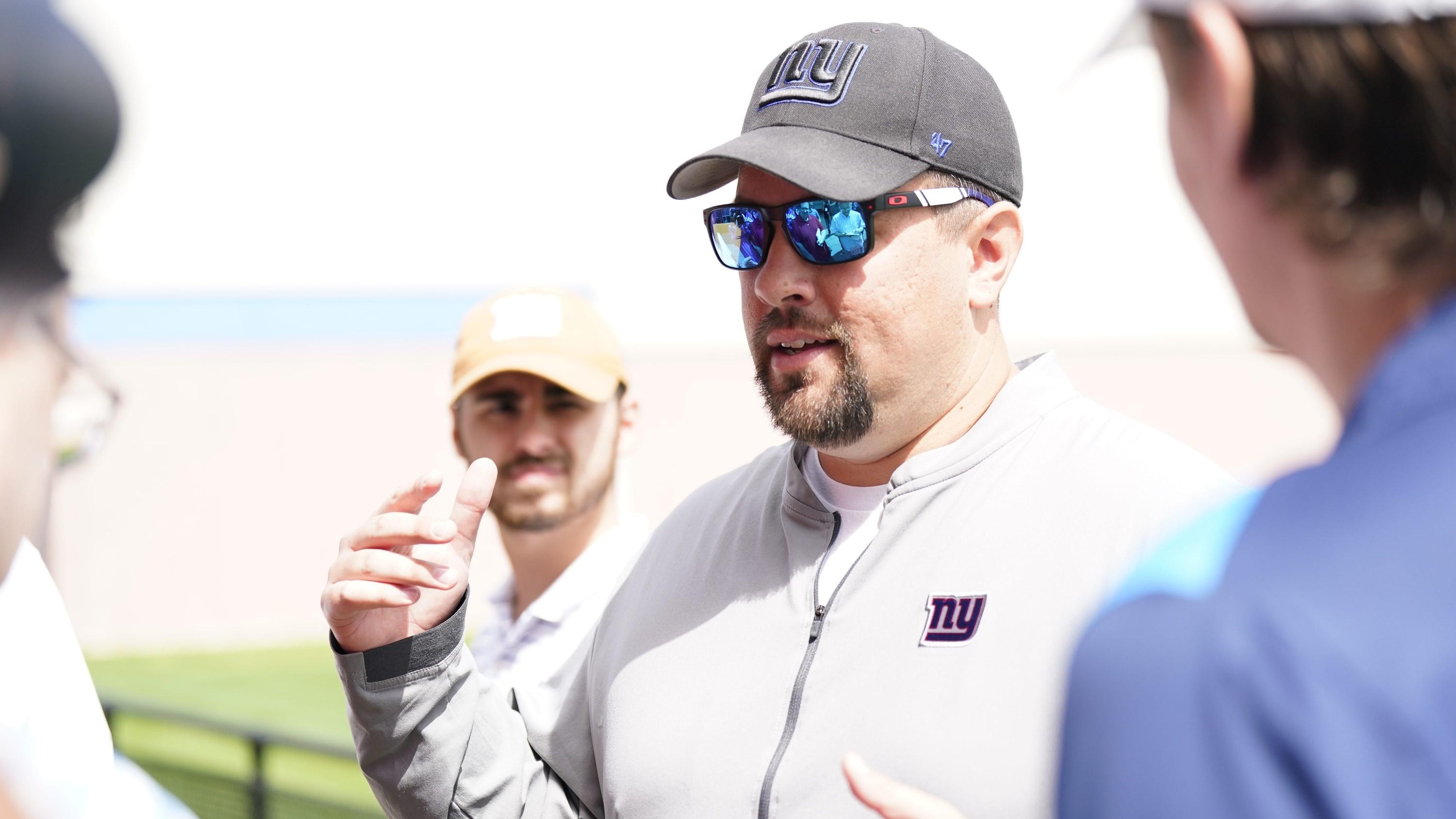 Drew Wilkins, New York Giants outside linebackers coach, talks to reporters before mandatory minicamp at the Giants training center in East Rutherford on Tuesday, June 13, 2023. / Danielle Parhizkaran/NorthJersey.com / USA TODAY NETWORK