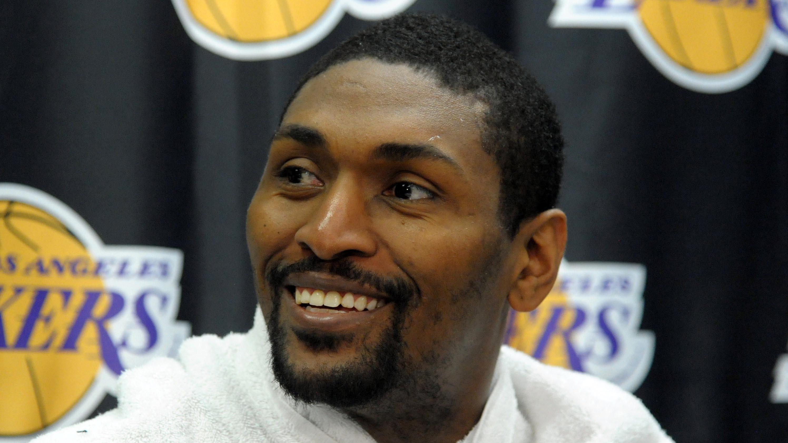 Dec 9, 2011; El Segundo, CA, USA; Los Angeles Lakers forward Metta World Peace (15) at a press conference after practice at the Toyota Sports Center. / Kirby Lee/Image of Sport-USA TODAY Sports