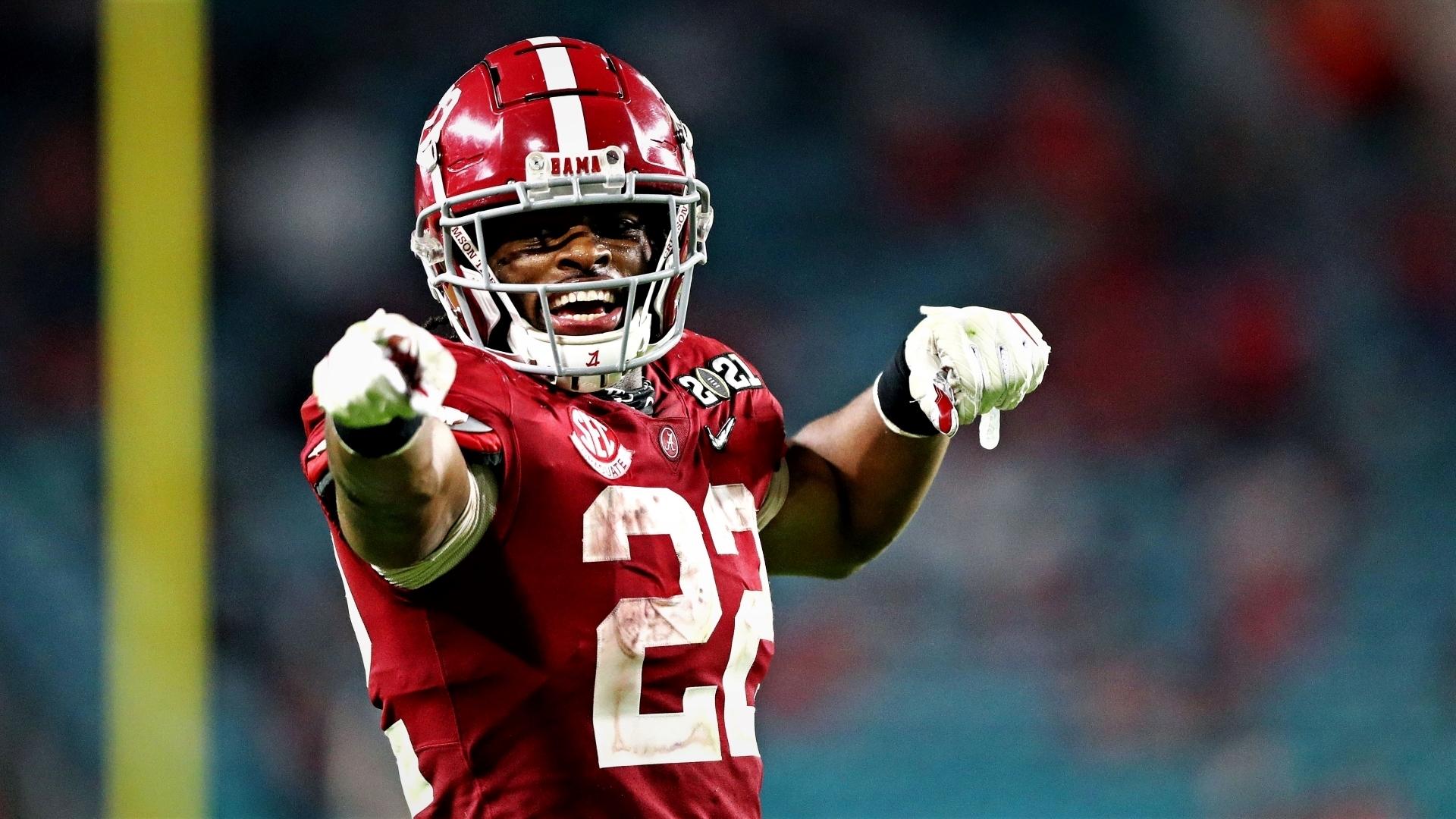 Alabama Crimson Tide running back Najee Harris (22) celebrates during the third quarter against the Ohio State Buckeyes in the 2021 College Football Playoff National Championship Game. Mandatory Credit: Mark J. Rebilas-USA TODAY Sports / © Mark J. Rebilas-USA TODAY Sports