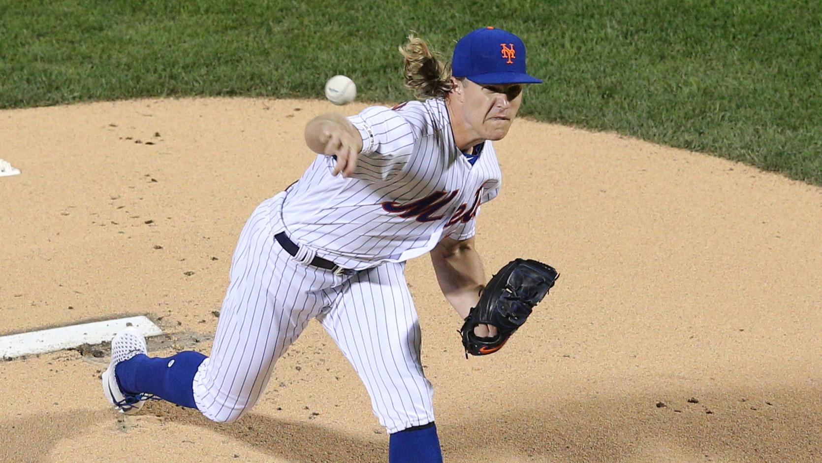 Sep 24, 2019; New York City, NY, USA; New York Mets starting pitcher Noah Syndergaard (34) pitches against the Miami Marlins during the first inning at Citi Field. / Brad Penner-USA TODAY Sports