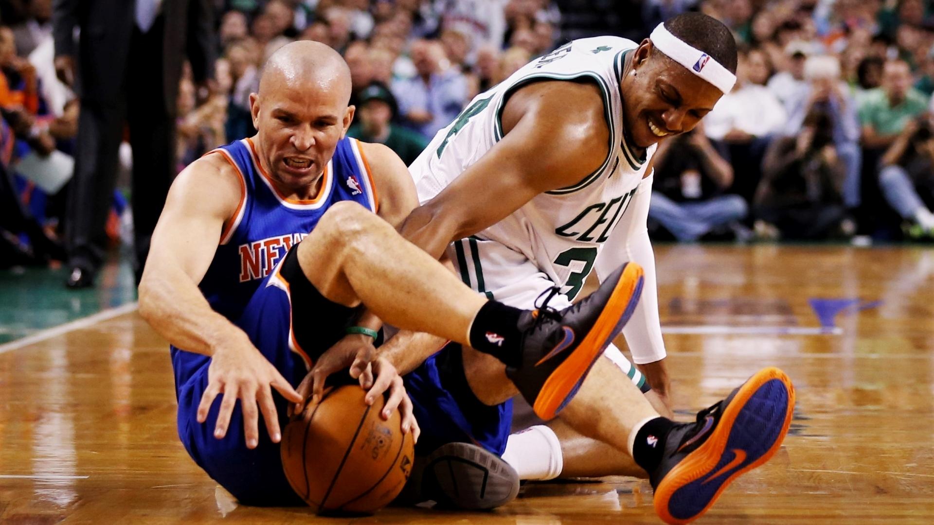 May 3, 2013; Boston, MA, USA; Boston Celtics small forward Paul Pierce (34) and New York Knicks point guard Jason Kidd (5) fight for the loose ball in game six of the first round of the 2013 NBA Playoffs at TD Garden. Mandatory Credit: David Butler II-USA TODAY Sports / © David Butler II-USA TODAY Sports